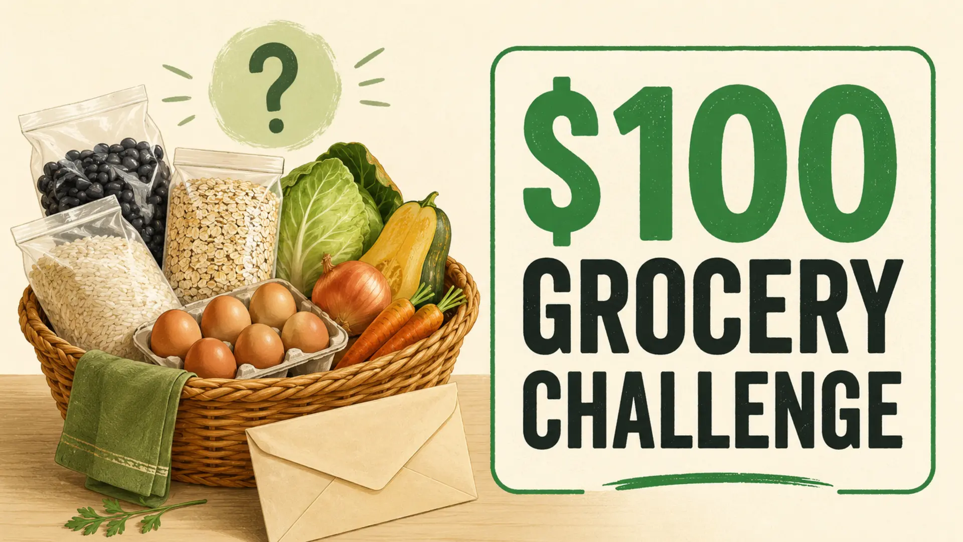 $100 grocery challenge basket with affordable pantry staples and fresh produce