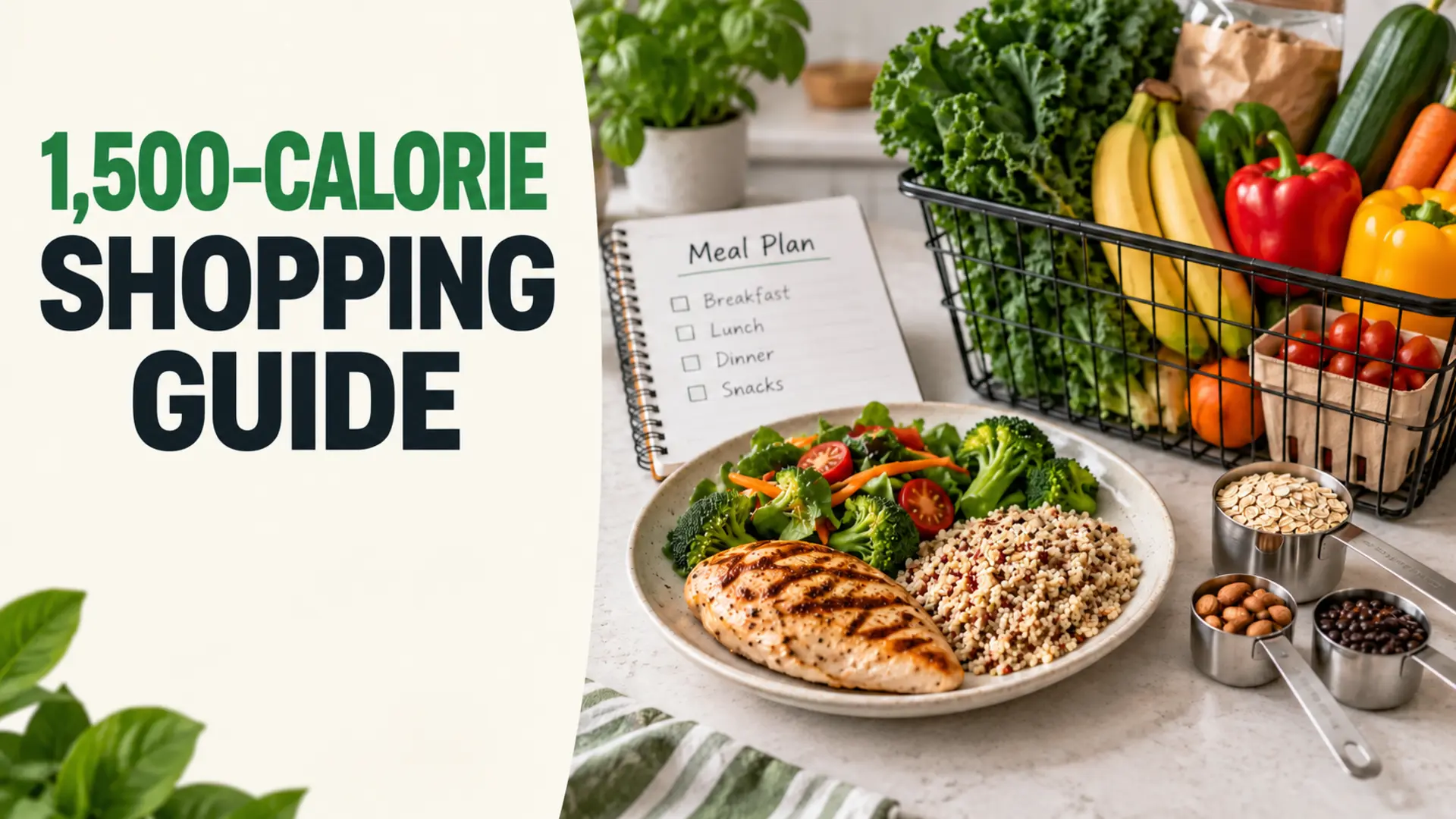 1,500-calorie shopping guide with a balanced meal, produce basket, grains, beans and meal planner