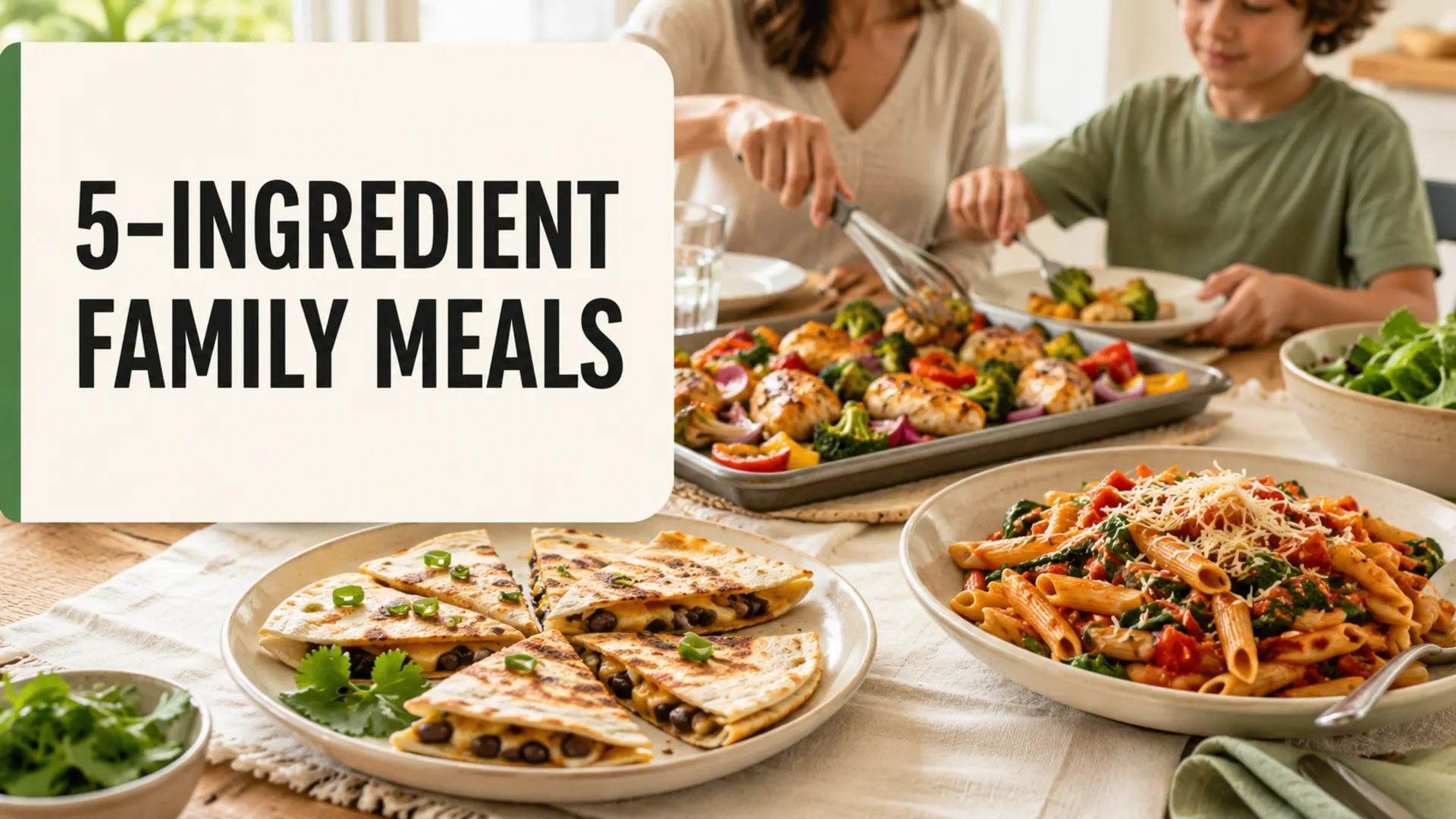 Five-ingredient kid-friendly meals including chicken and vegetables, quesadillas, and pasta