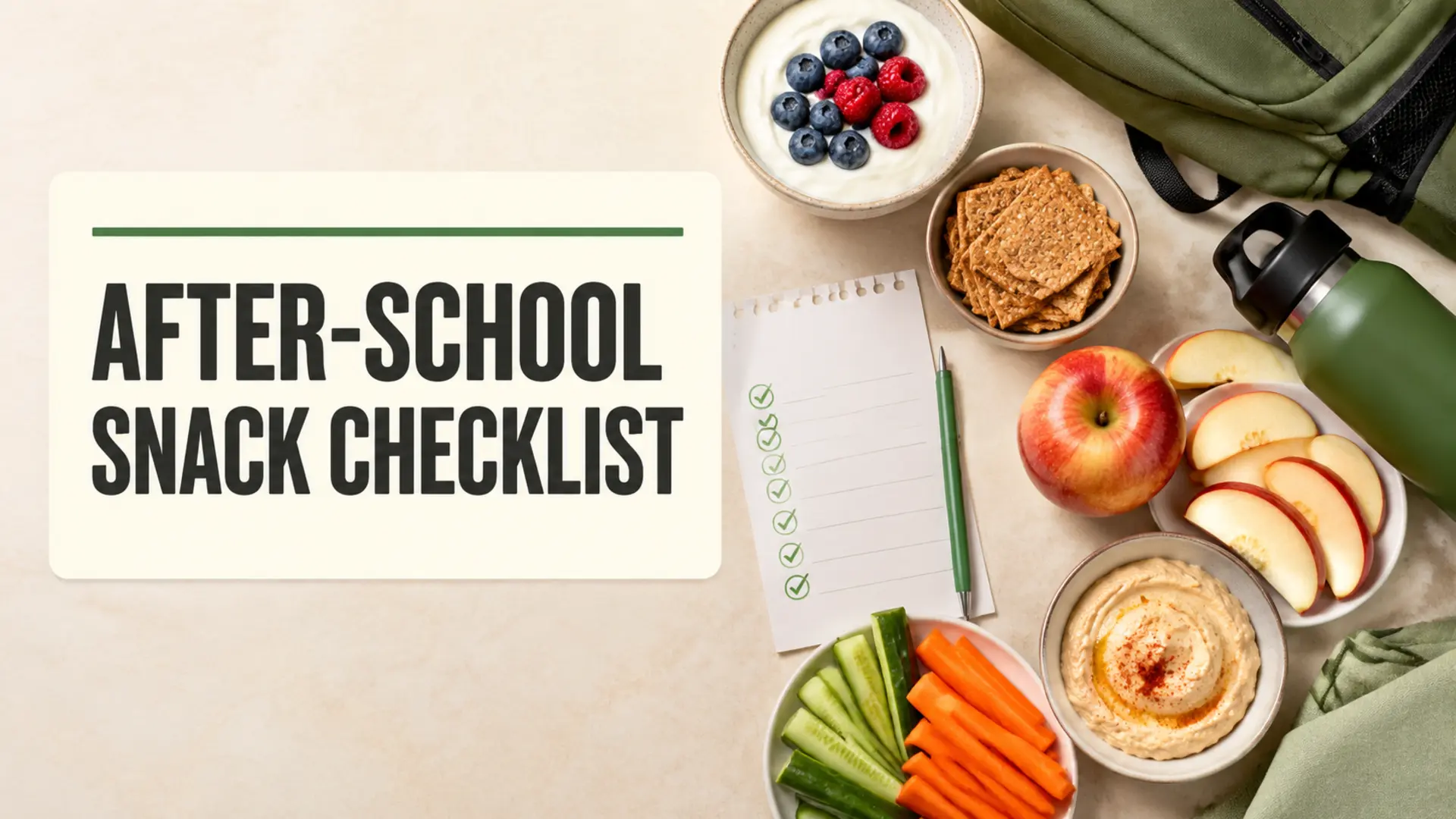 After-school snack checklist with fruit, yogurt, whole-grain crackers, vegetables, hummus, and water