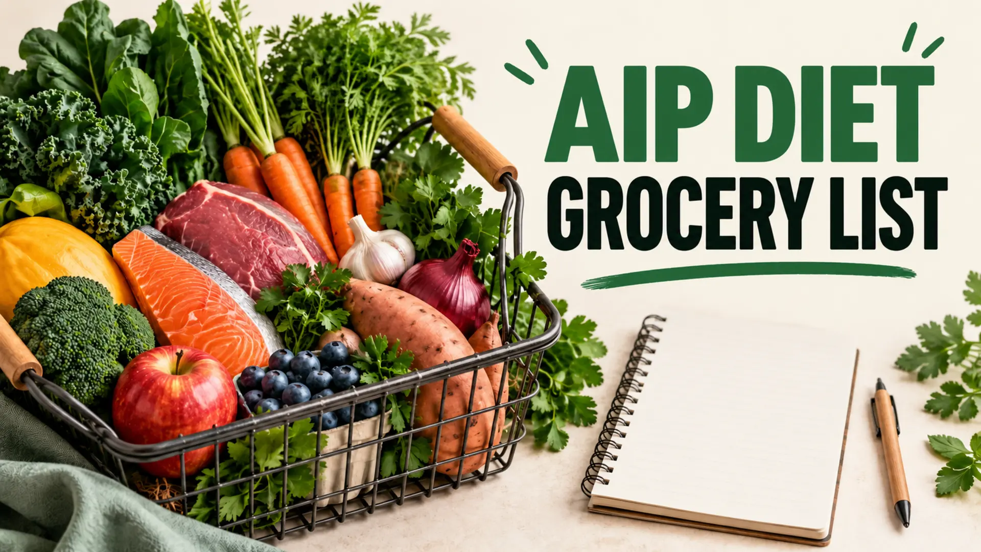 AIP diet grocery list with vegetables, fruit, meat, fish, herbs and root vegetables beside a planning notebook