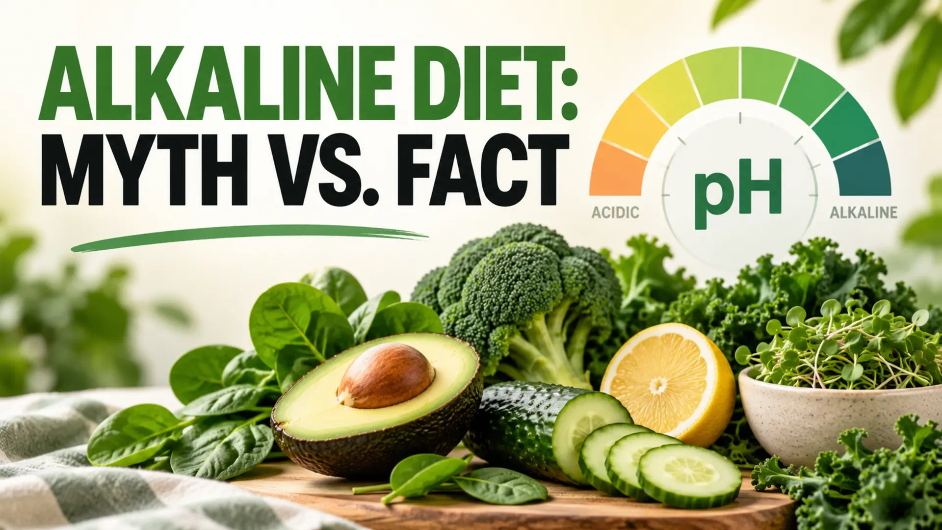 Alkaline diet shopping list showing vegetables beside a simple myth-versus-fact concept