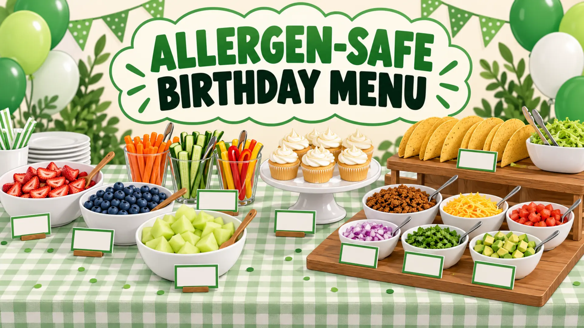 Allergen-safe birthday menu with separated tacos, fruit, vegetables and cupcakes