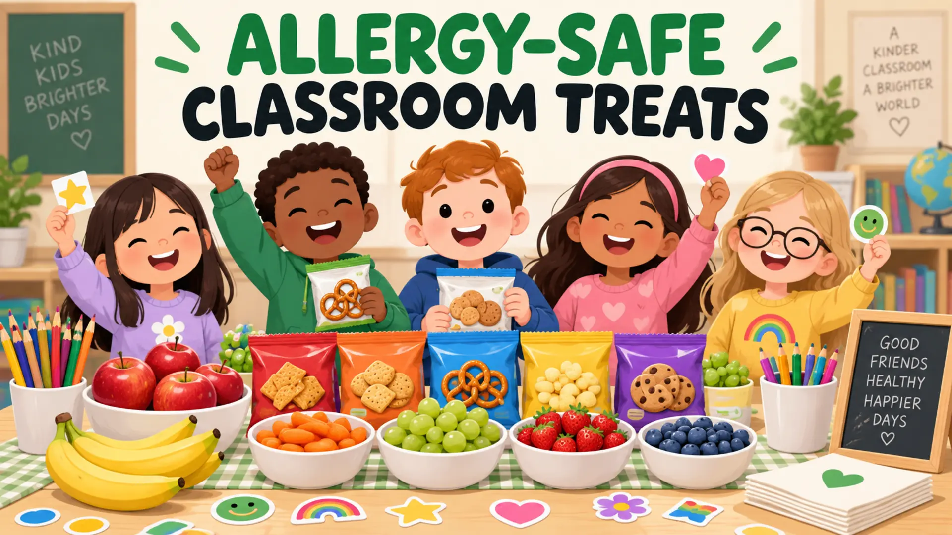 Allergy-safe classroom treat planning with packaged snacks, fruit and non-food favors