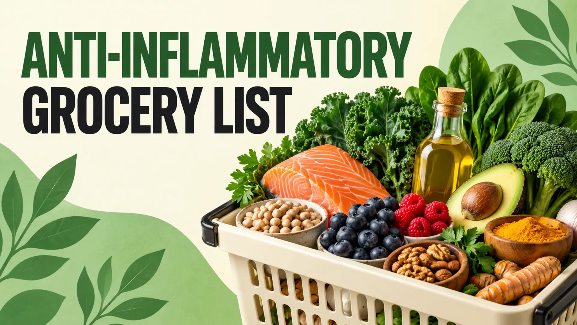 Anti-inflammatory grocery list with salmon, beans, berries, leafy greens, olive oil and spices
