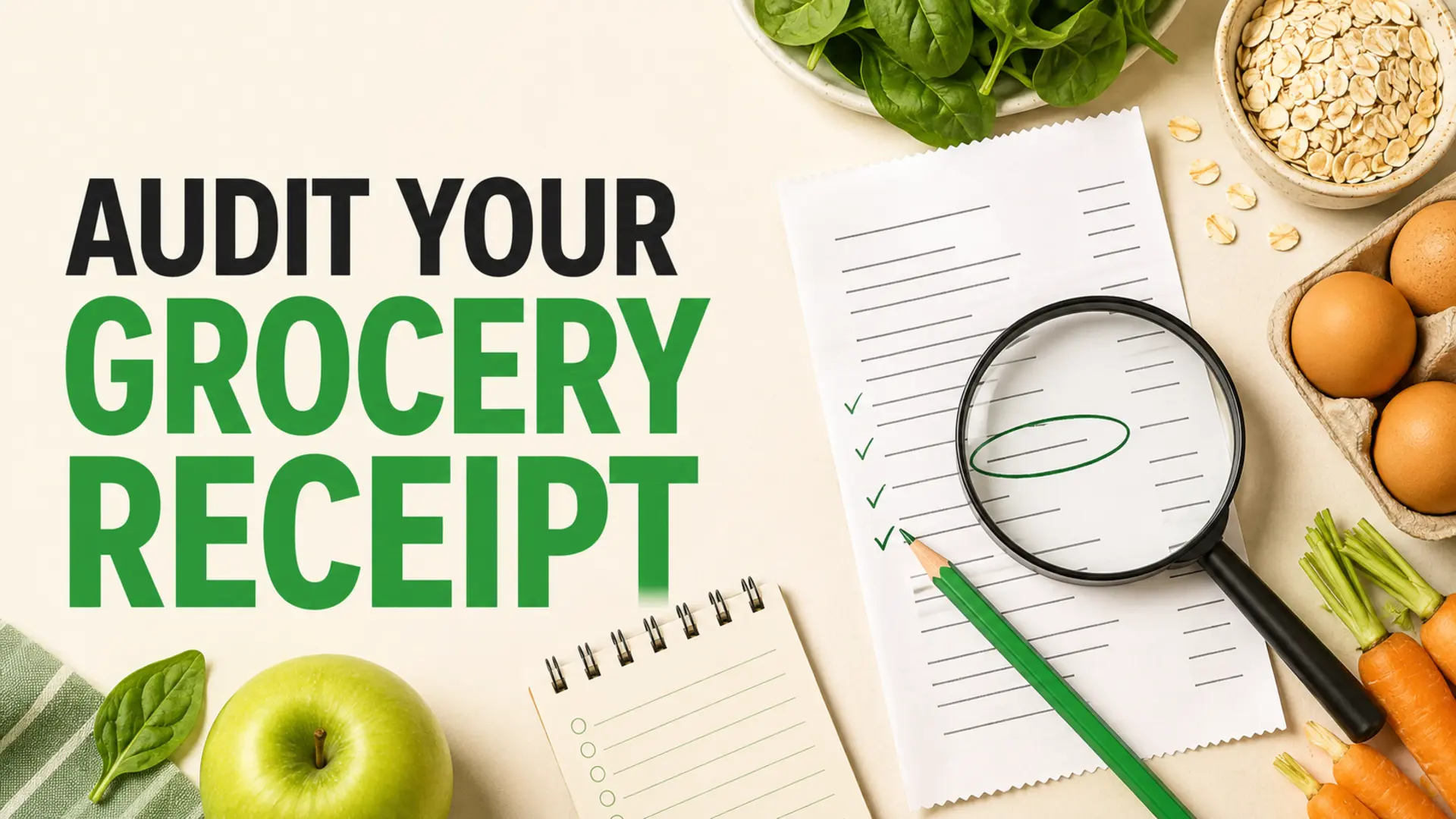 Grocery receipt audit with a magnifying glass, green pencil, checklist and healthy grocery staples arranged on a cream tabletop