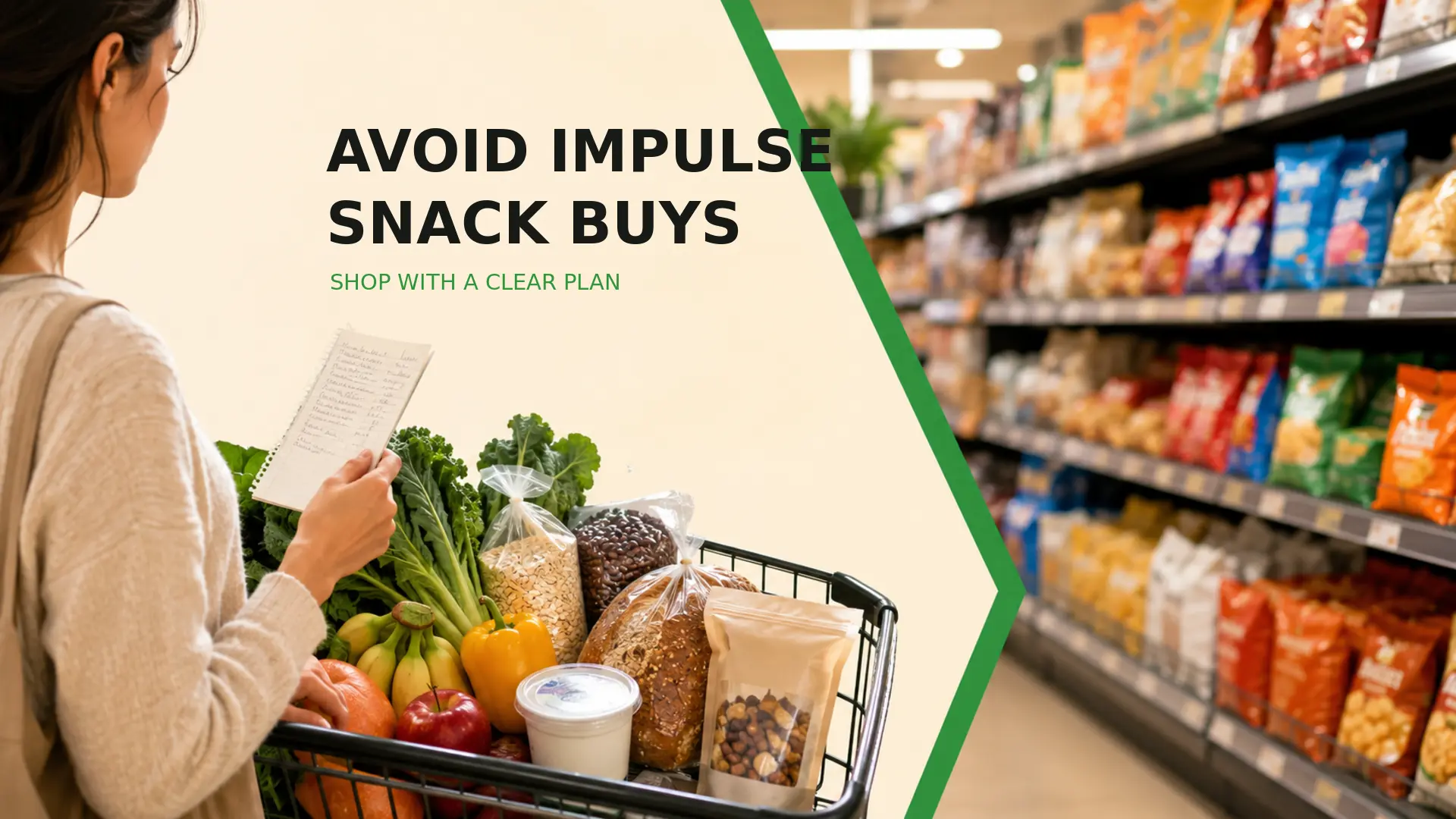 Avoid impulse snack purchases with a planned grocery list, balanced cart and intentional supermarket route