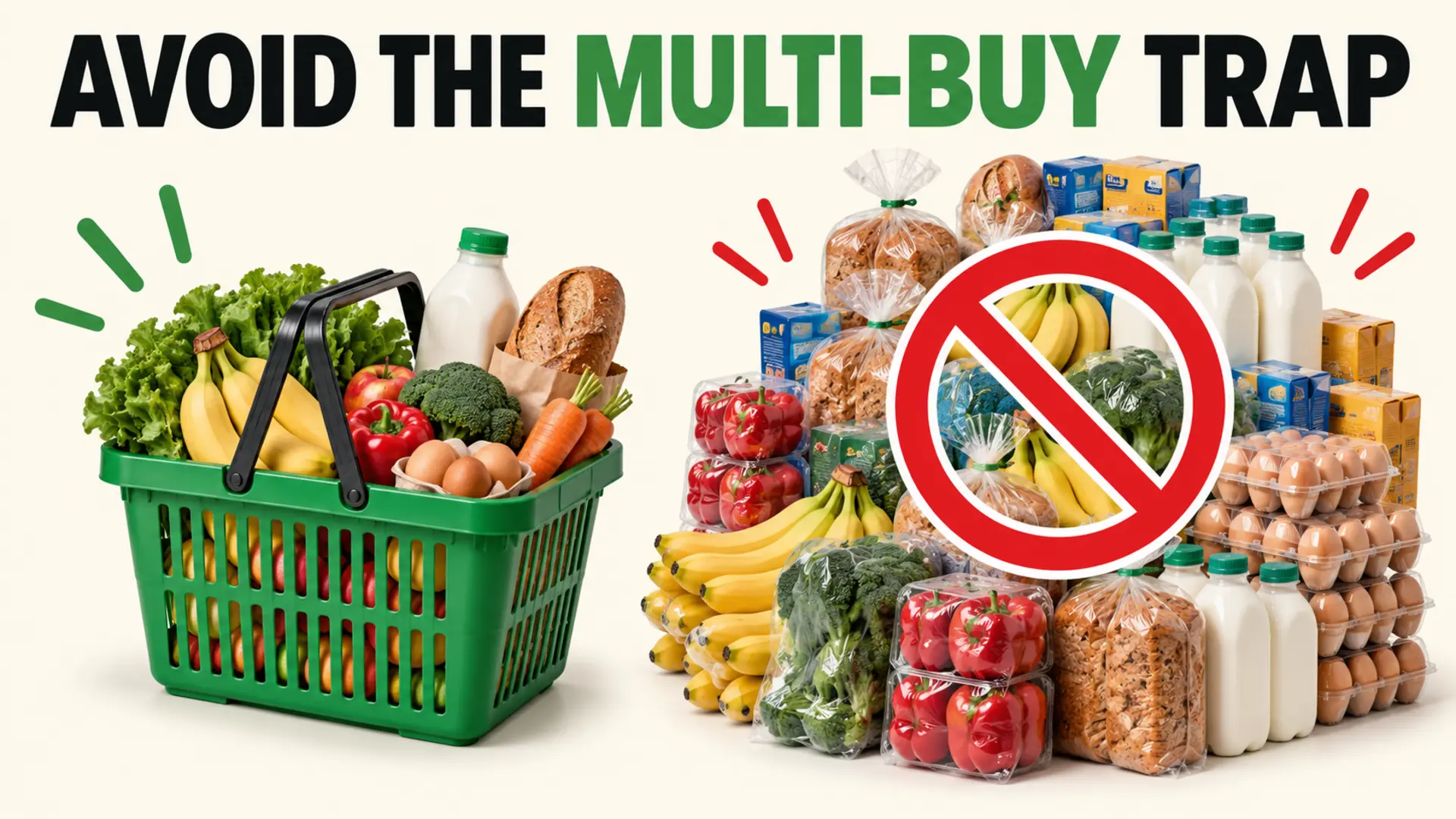 Avoid the multi-buy trap by comparing a planned grocery basket with excess food