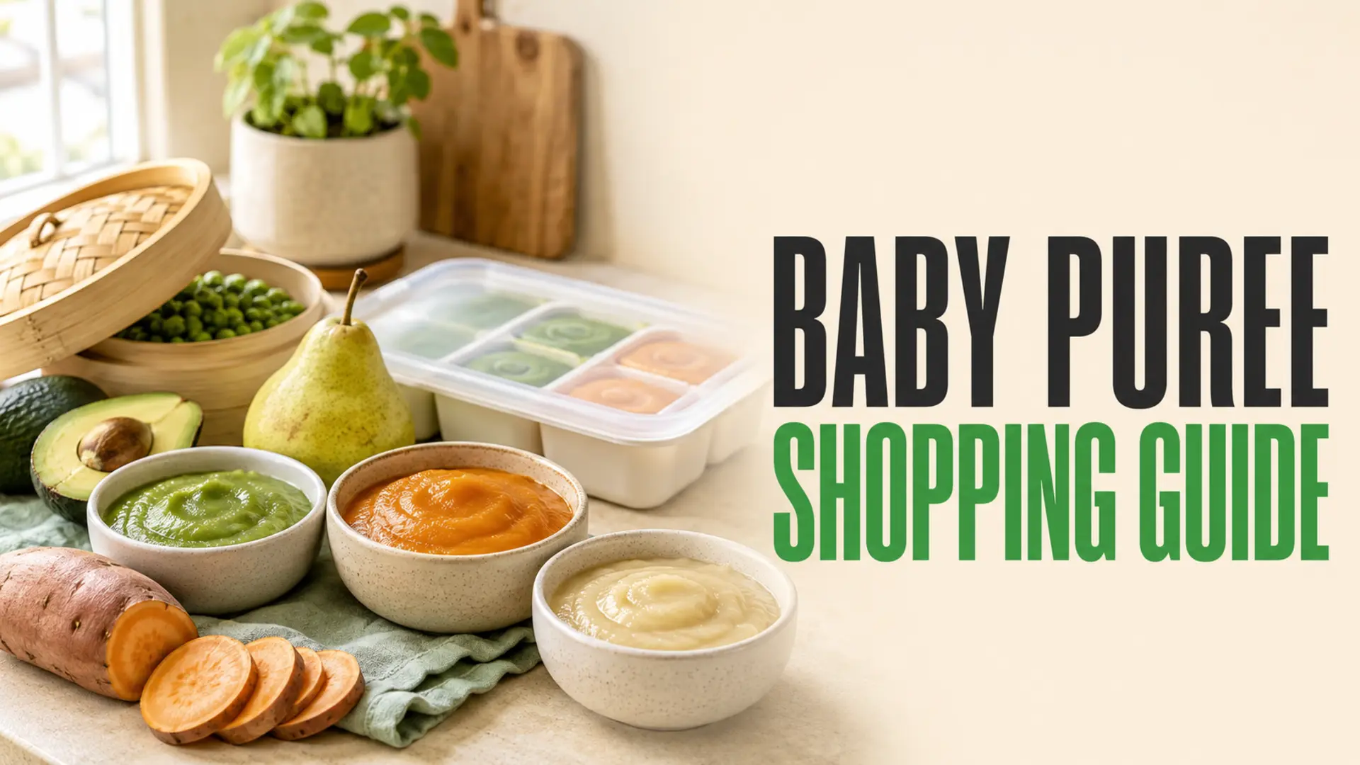 Baby puree shopping guide with sweet potato, peas, pear, avocado, prepared purees, and portion tray