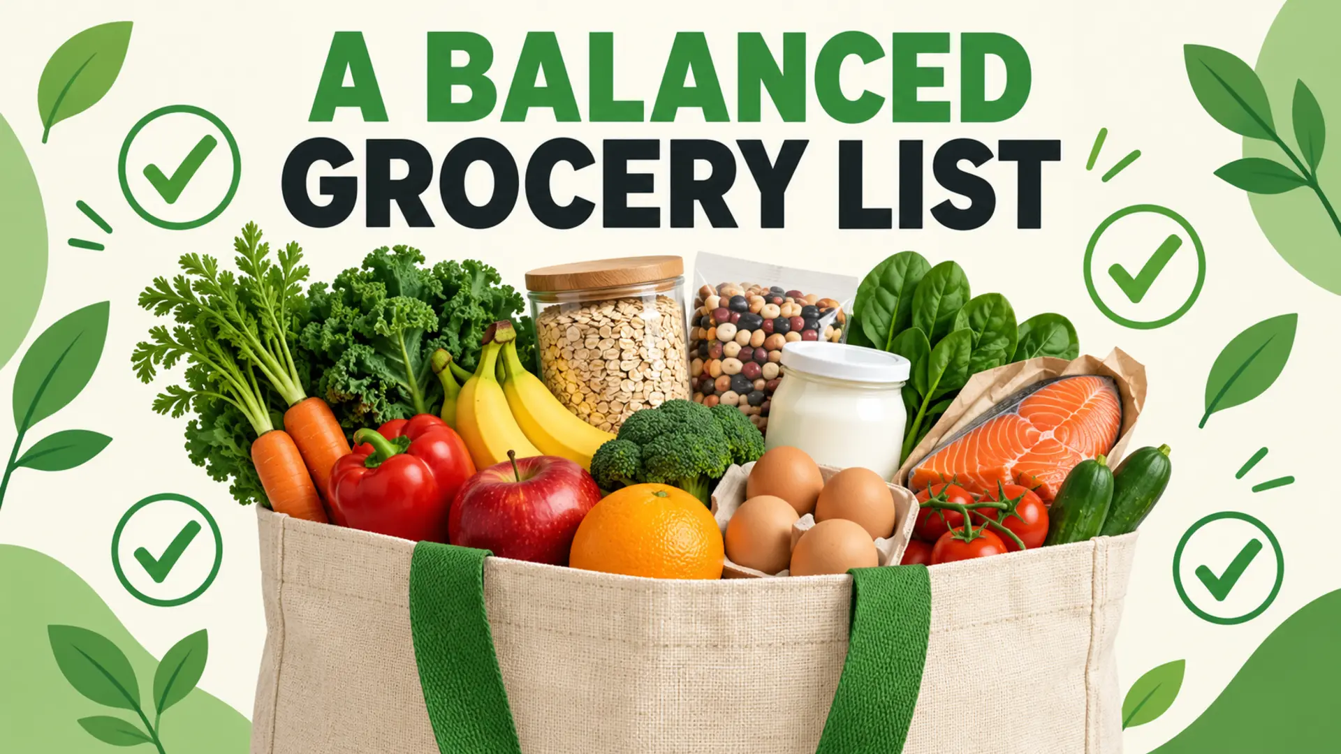 Balanced grocery list with vegetables, fruit, grains, beans, eggs, yogurt and fish