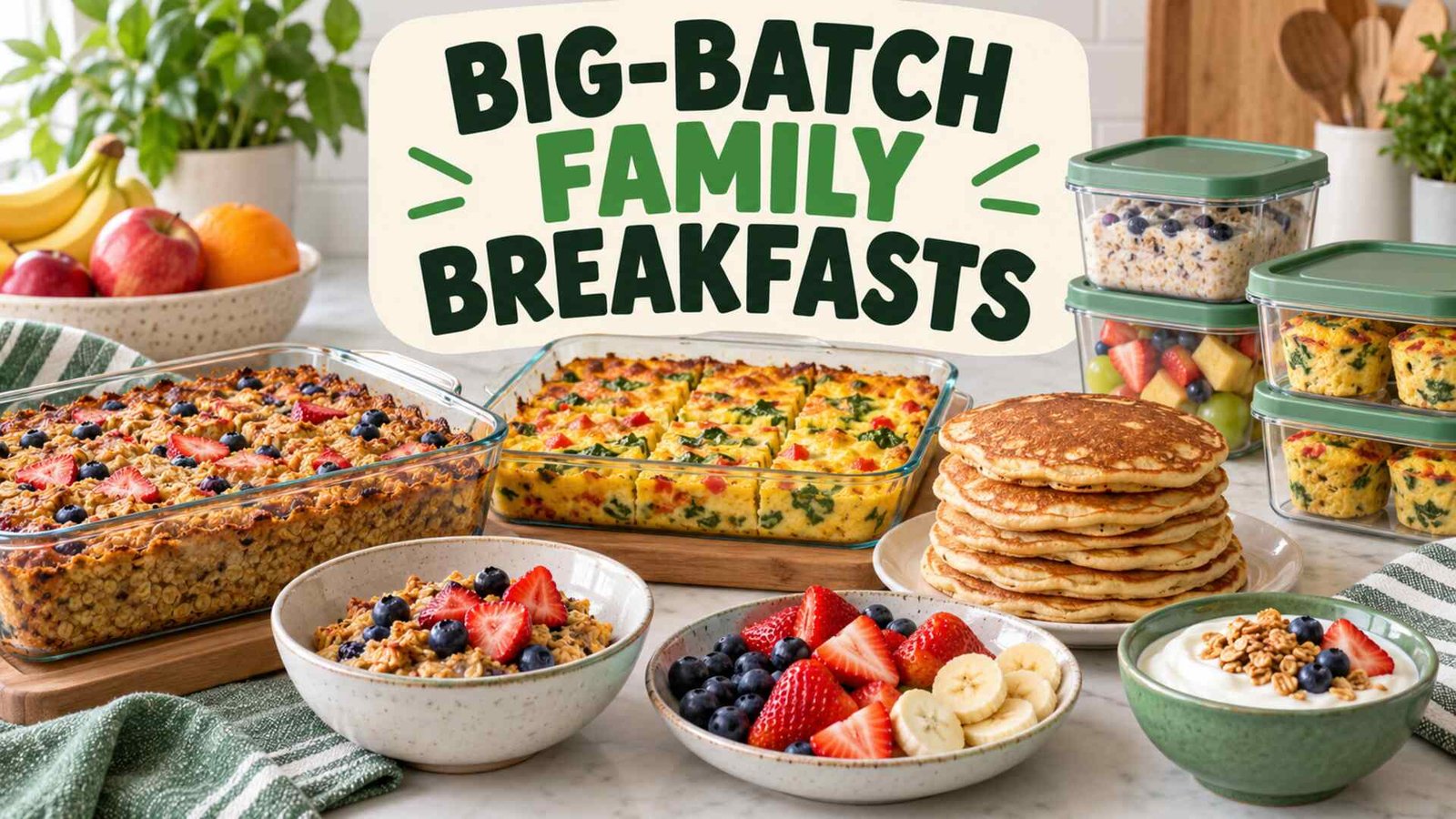 Big-batch family breakfasts with oatmeal, egg bake, pancakes, fruit and yogurt
