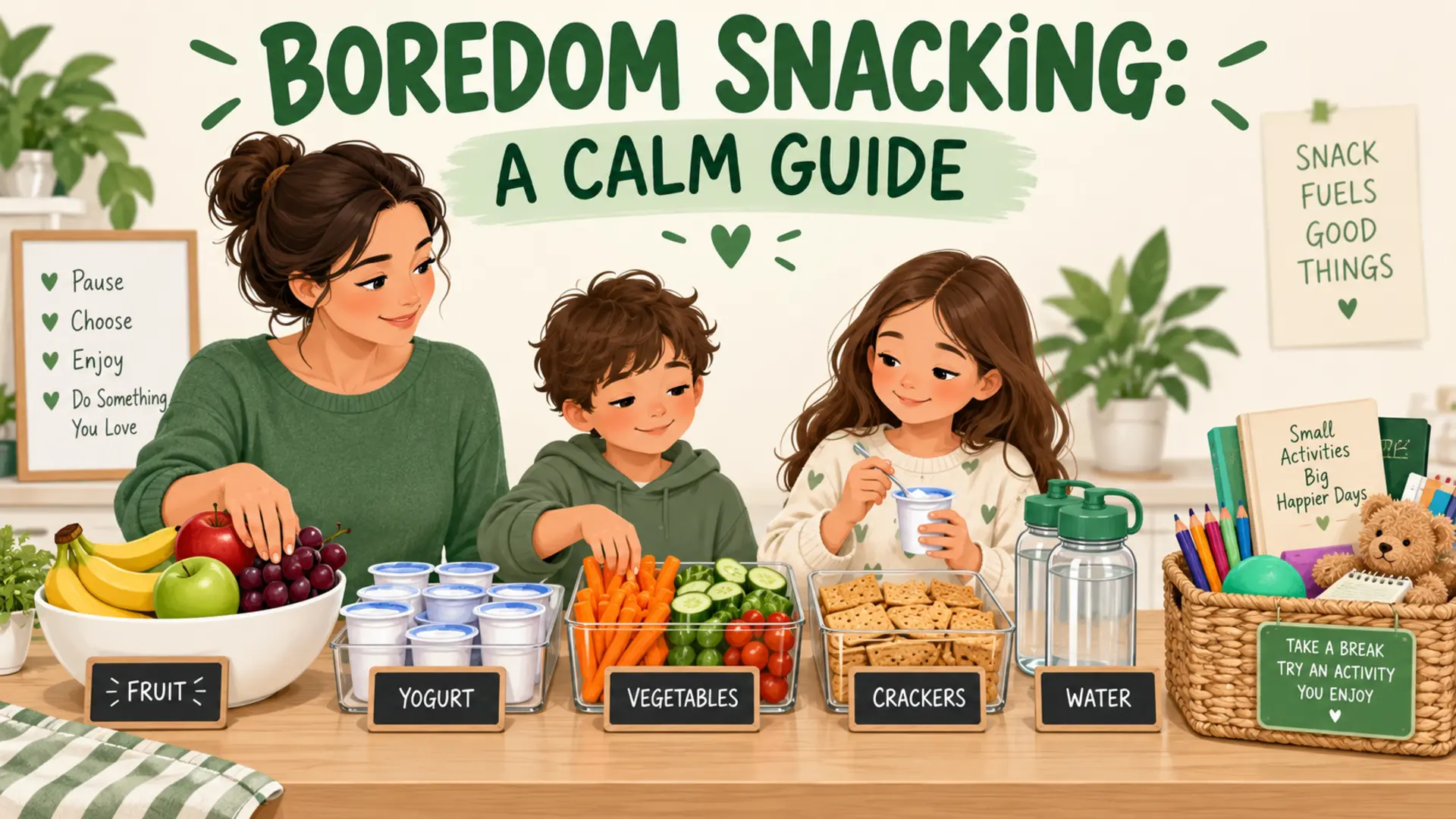 Calm boredom-snacking guide with fruit, yogurt, vegetables, crackers, water and activities