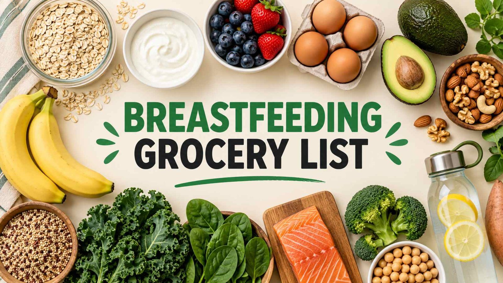 Breastfeeding grocery list with oats, eggs, yogurt, fruit, vegetables, nuts and water