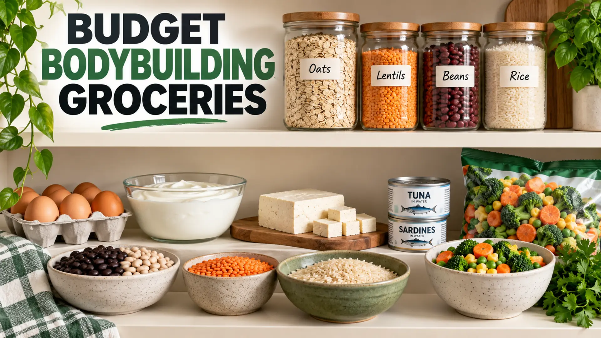 Budget bodybuilding groceries with eggs, beans, lentils, oats, rice, yogurt, tofu, canned fish and vegetables