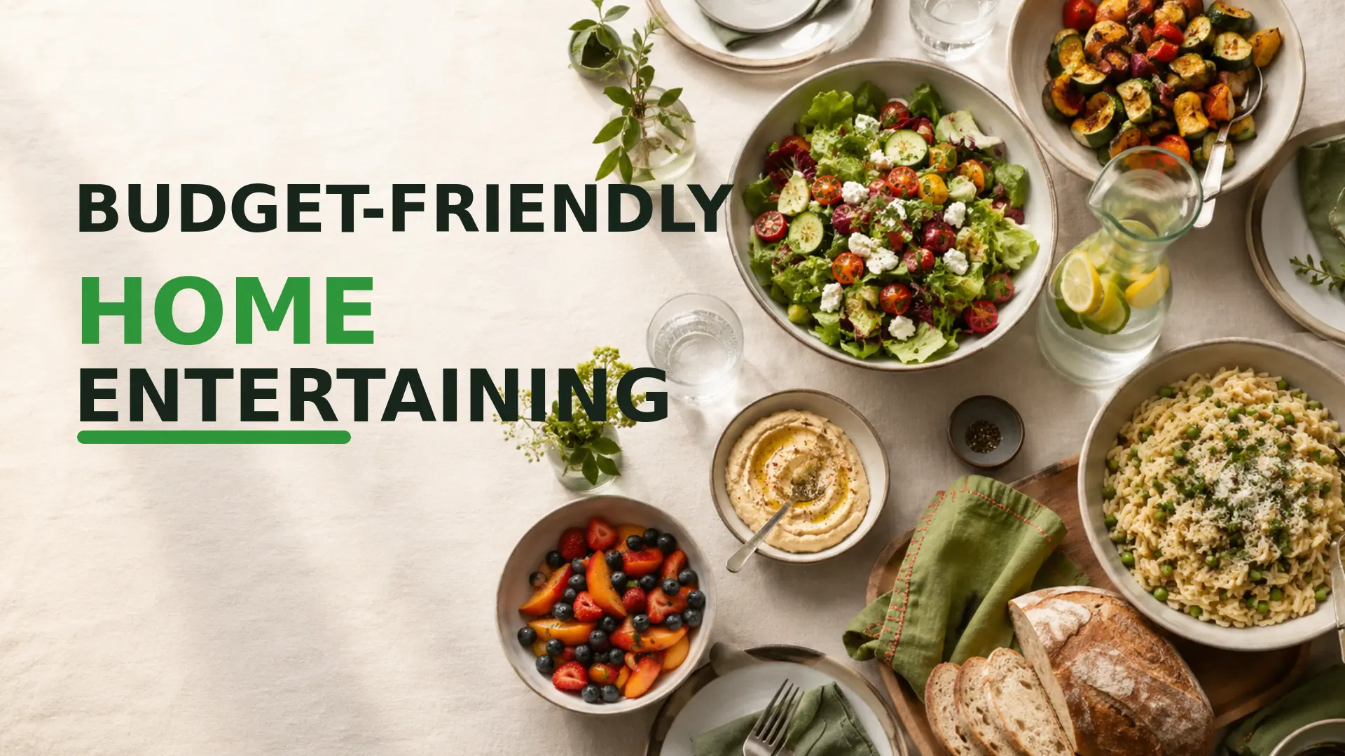 Budget-friendly entertaining at home with a shared pasta dish, salad, roasted vegetables, fruit, hummus and bread