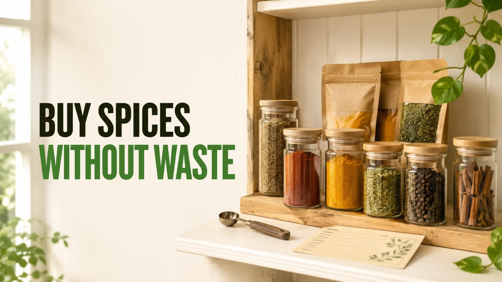 Specialty spices stored in right-sized jars and refill pouches to reduce pantry waste