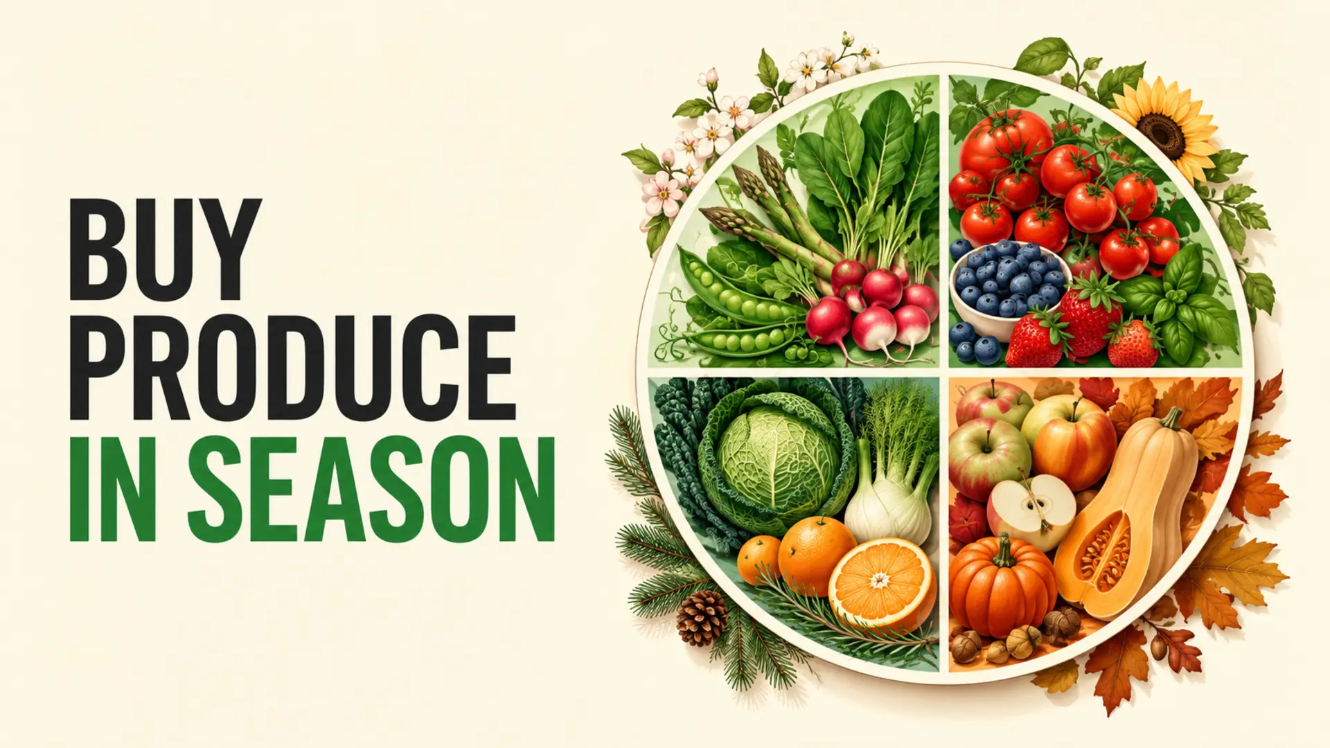 Buying seasonally with spring greens, summer berries, autumn squash and winter citrus