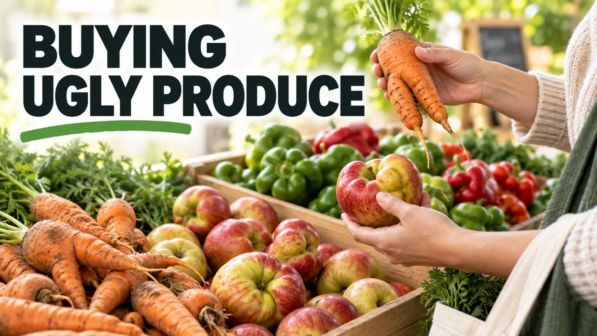 Buying ugly produce by choosing misshapen carrots and apples at a market