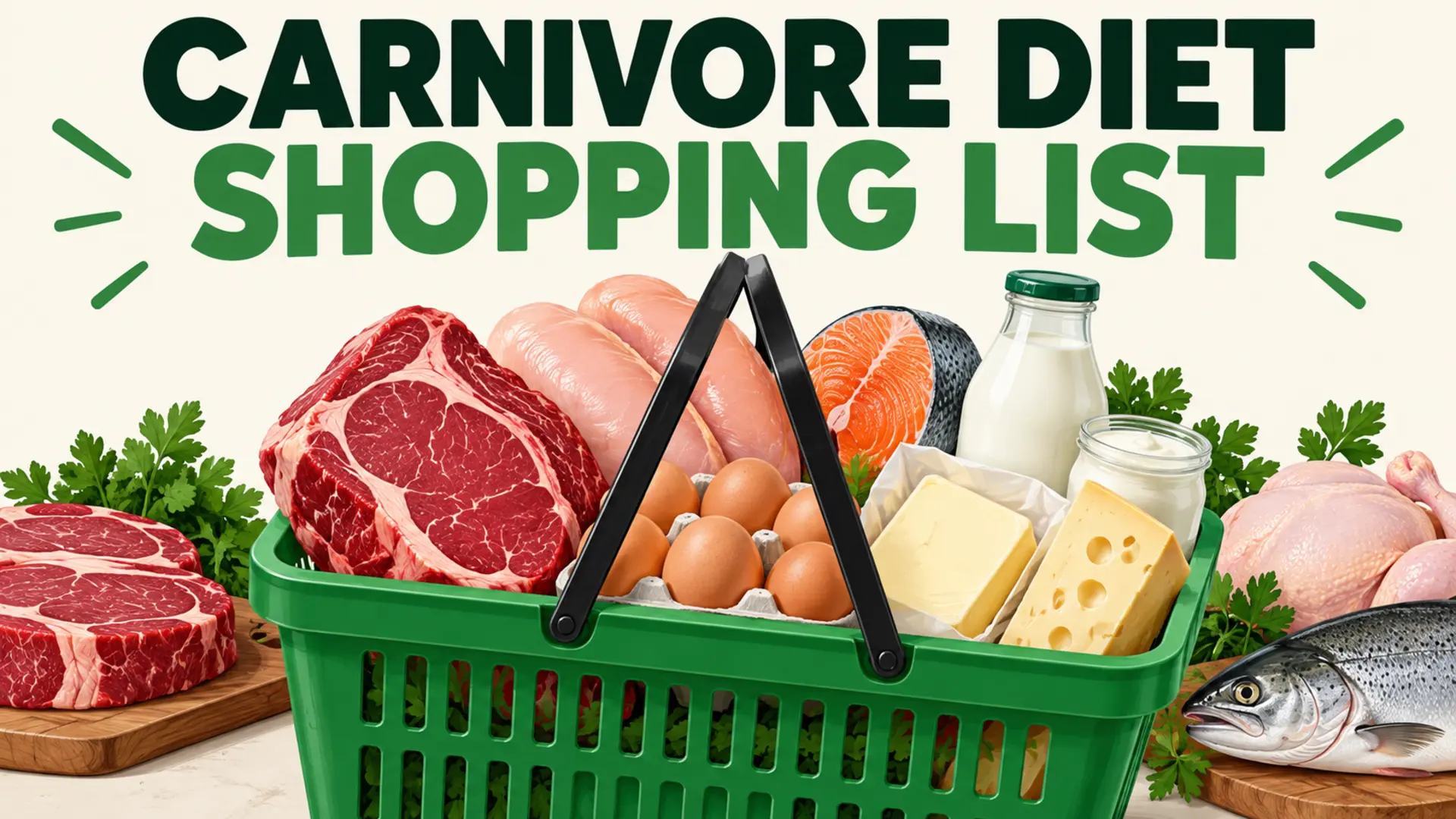 Carnivore diet shopping list with meat, fish, eggs and dairy in a grocery basket