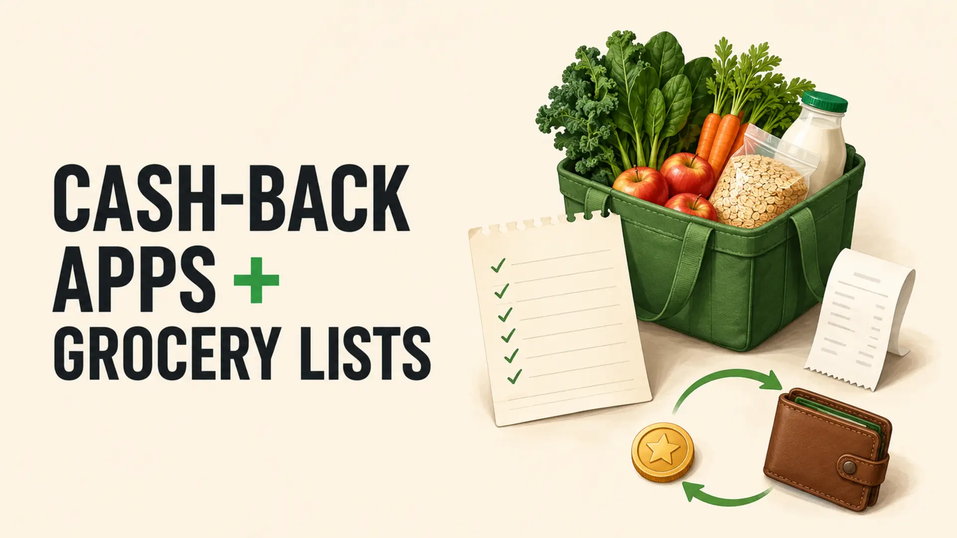 Cash-back apps with grocery lists represented by a checked list, healthy grocery basket, receipt and wallet