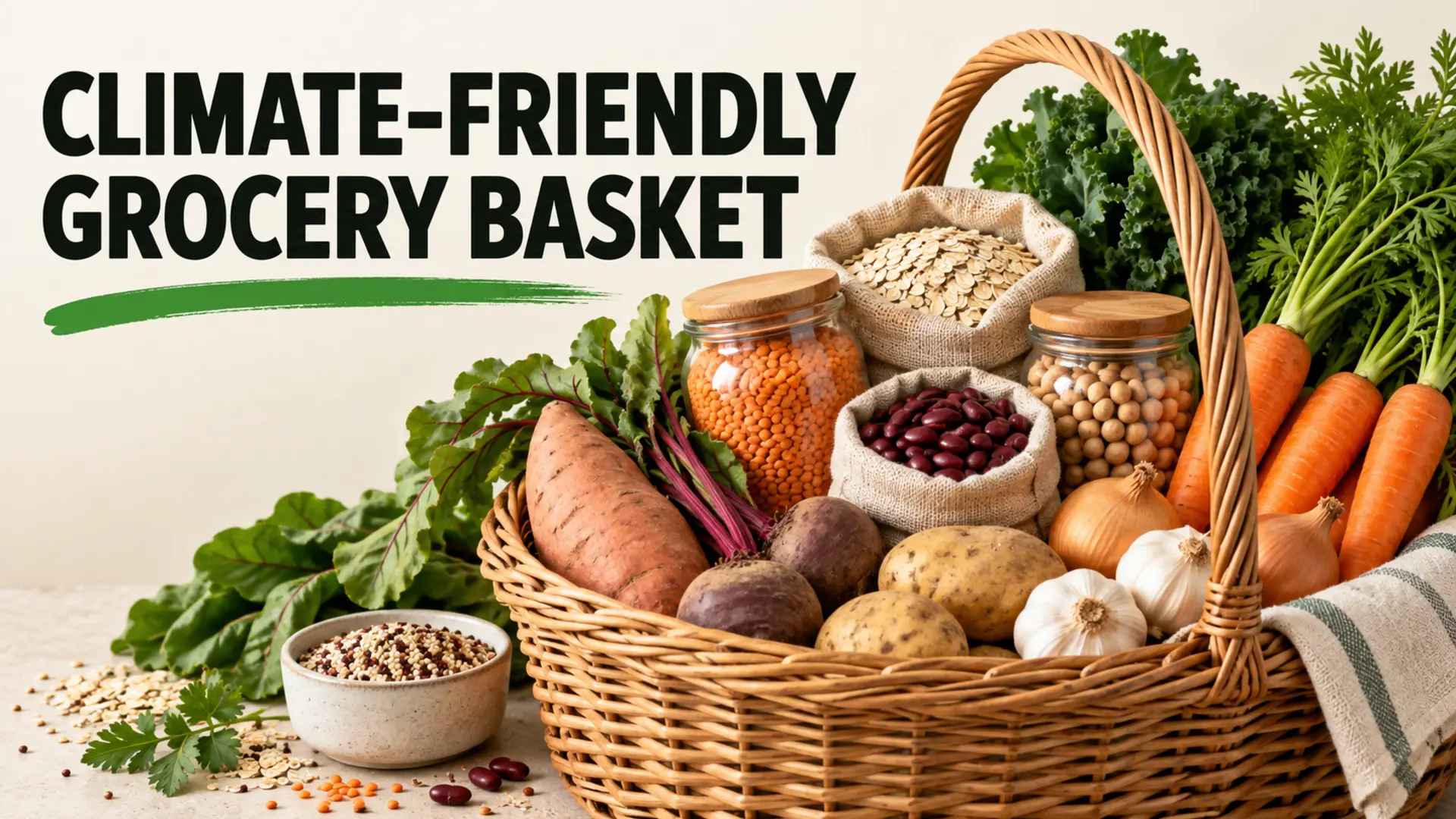 Climate-friendly grocery basket with legumes, grains and seasonal vegetables