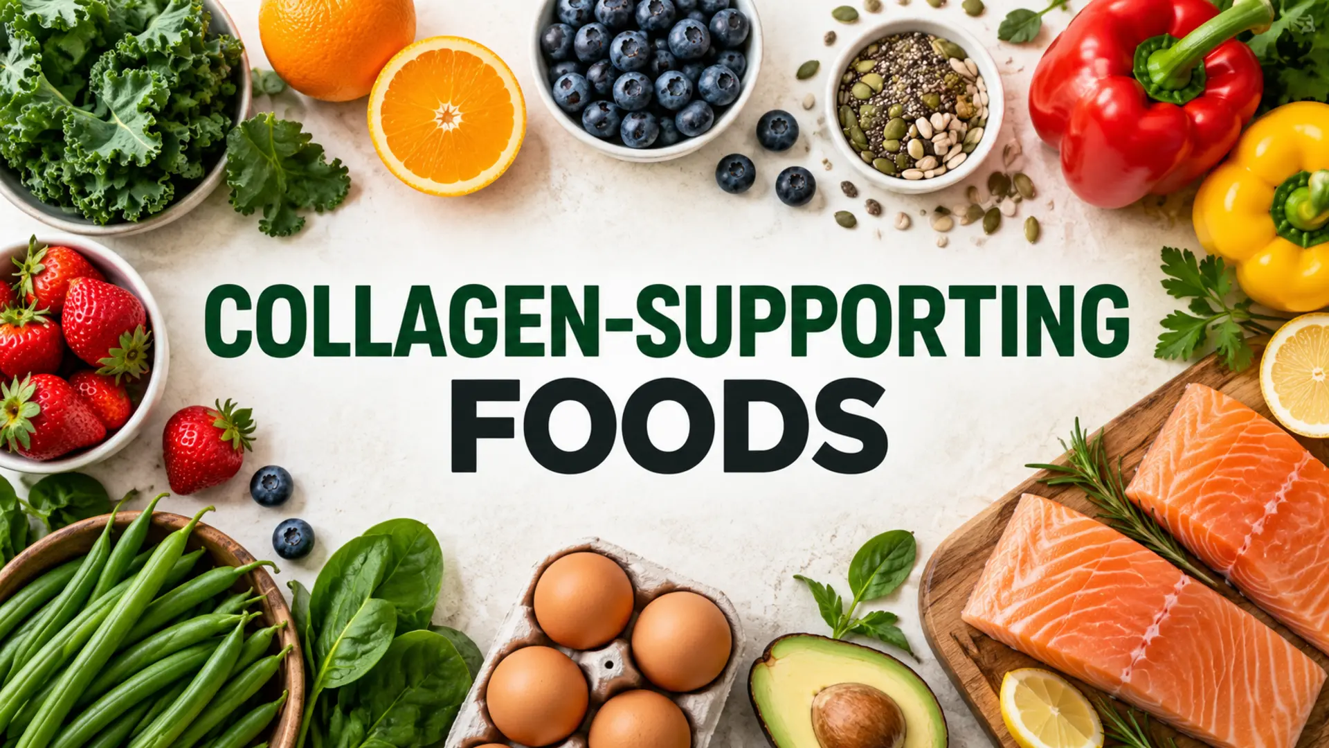 Collagen-supporting foods including fish, eggs, beans, berries, citrus and vegetables