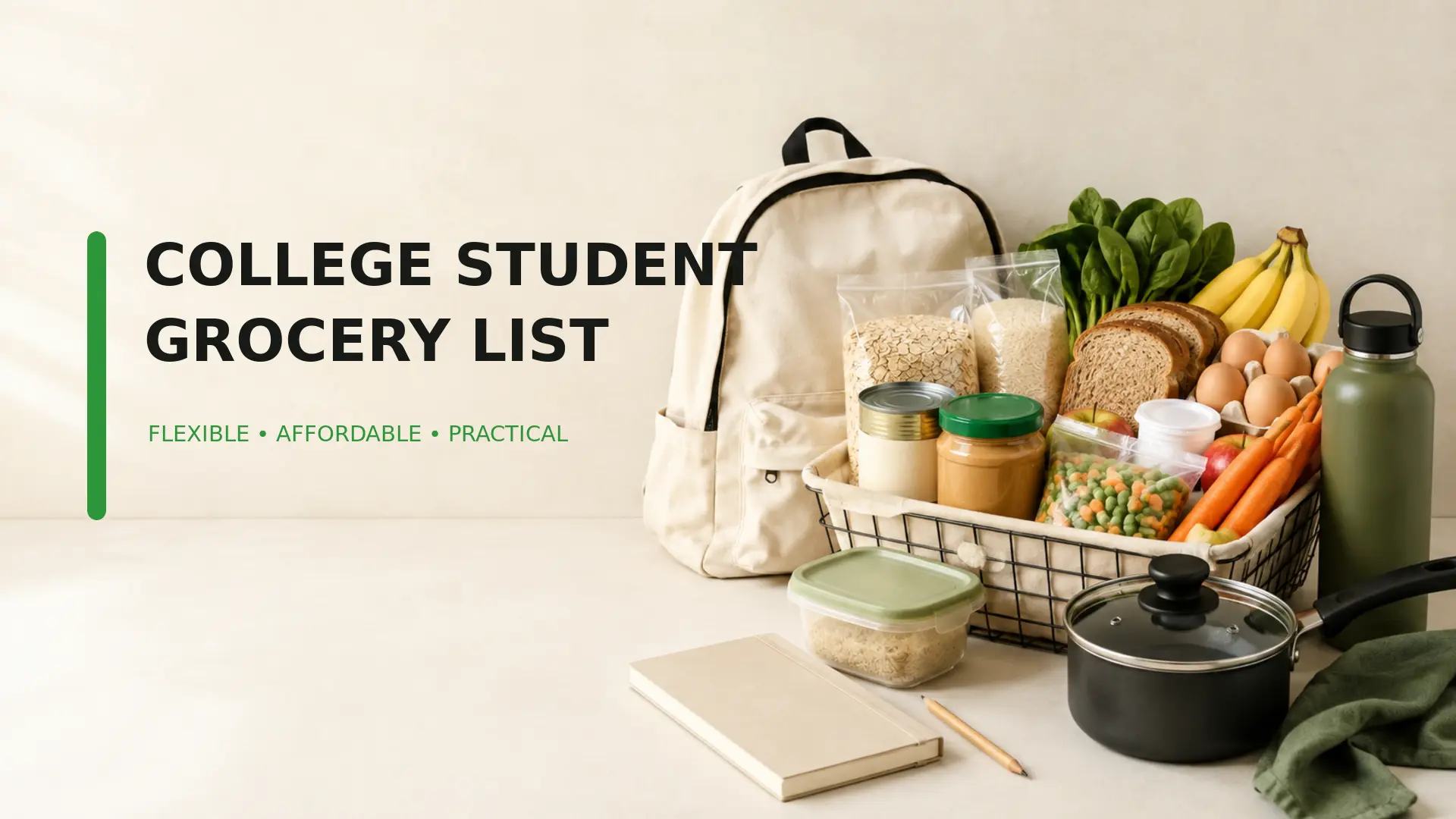 College student grocery list with oats, rice, beans, eggs, bread, vegetables, fruit and simple cooking equipment