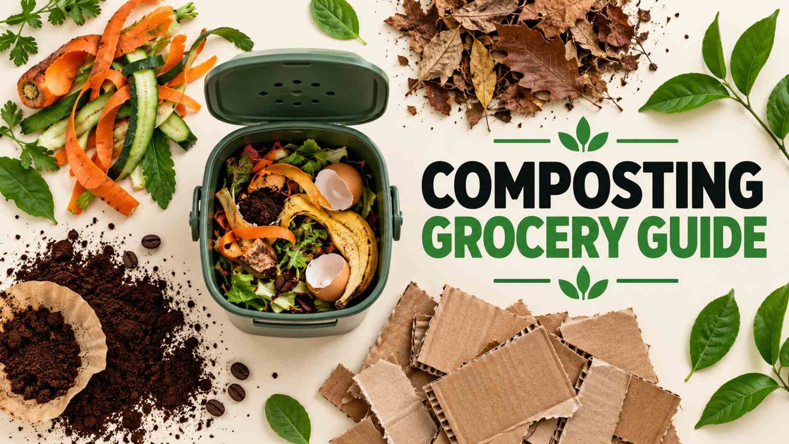 Composting grocery guide with vegetable peels, coffee grounds, dry leaves and cardboard