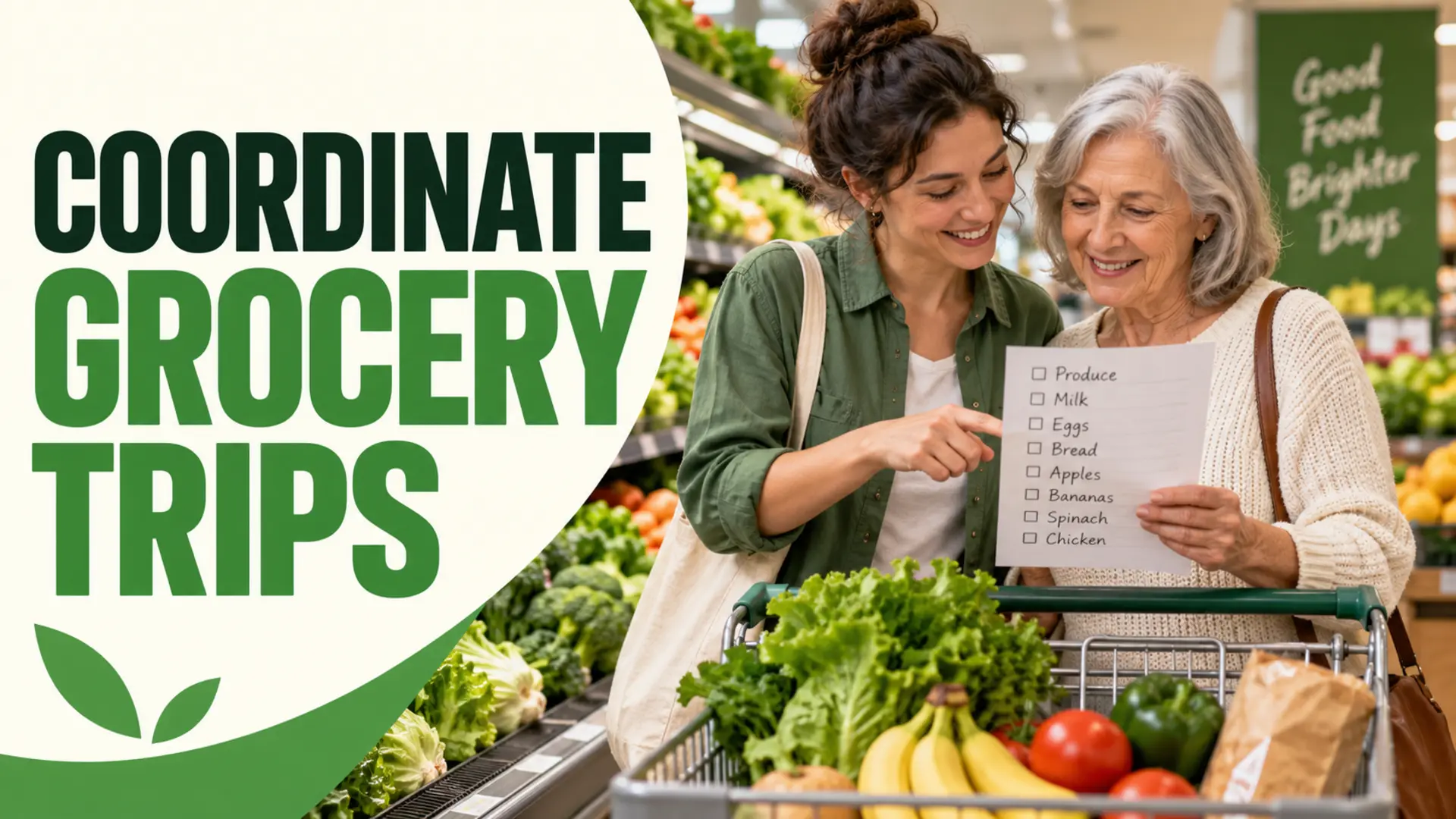 Caregiver and parent coordinate grocery trips with a clear shopping list in the produce aisle