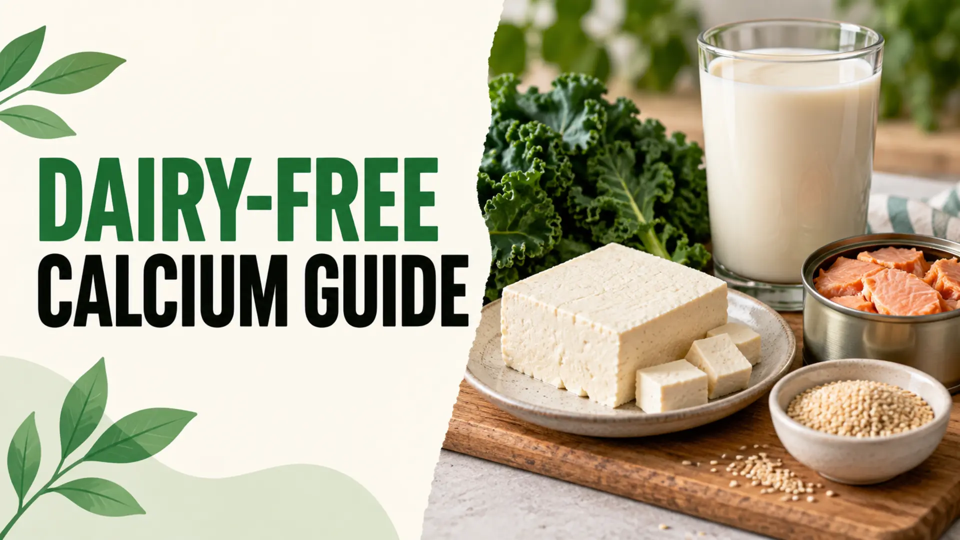 Dairy-free calcium guide with tofu, fortified plant drink, kale, salmon and sesame