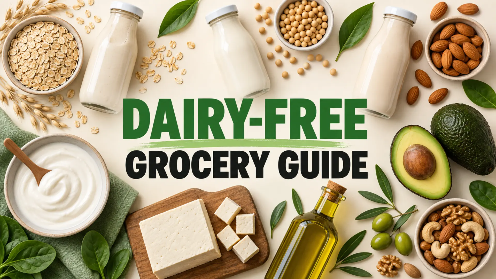 Dairy-free grocery guide with oat, soy and almond drinks, plant yogurt, tofu, olive oil, avocado and nuts