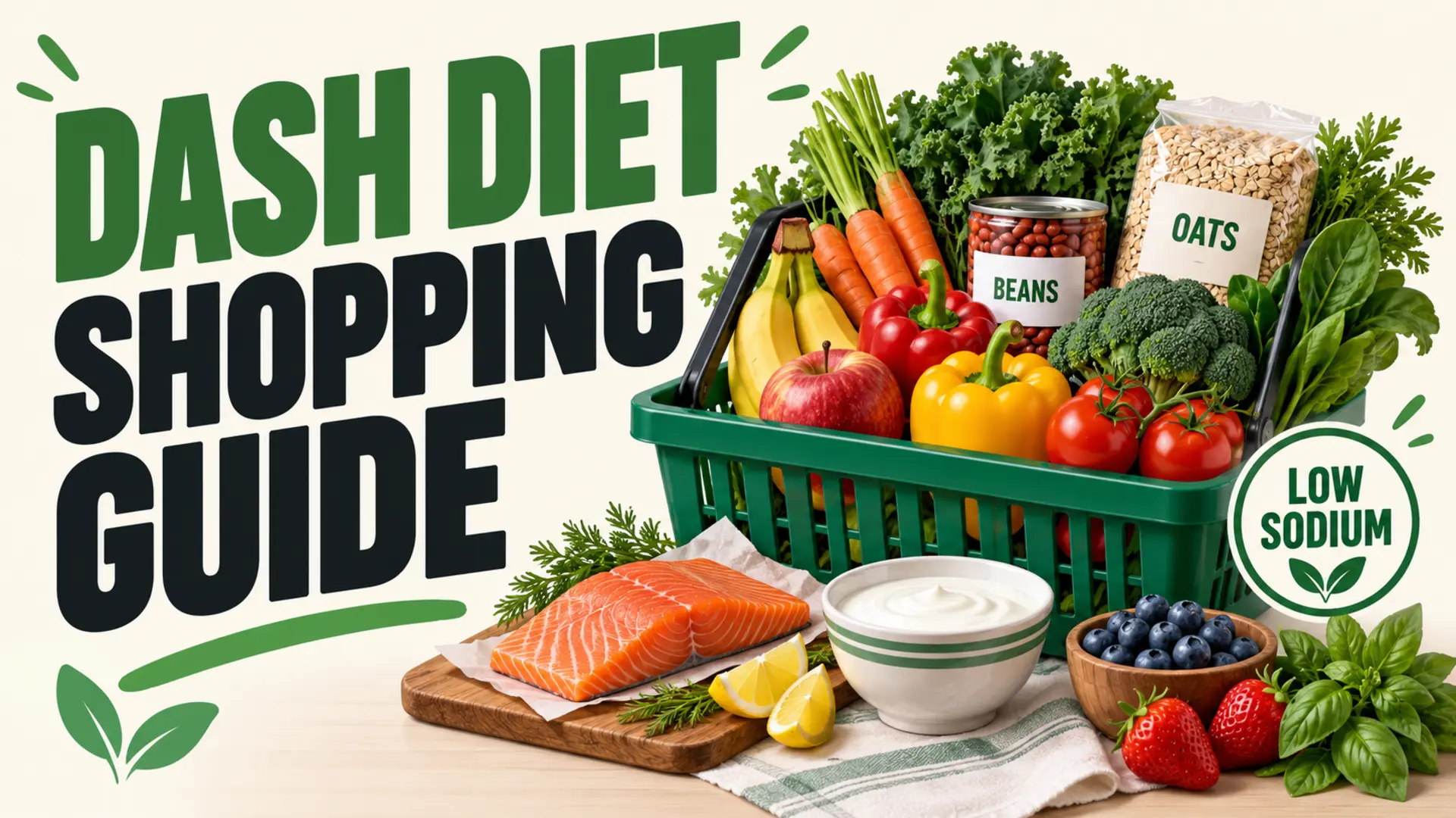 DASH diet shopping guide with vegetables, fruit, beans, oats, fish, yogurt and herbs