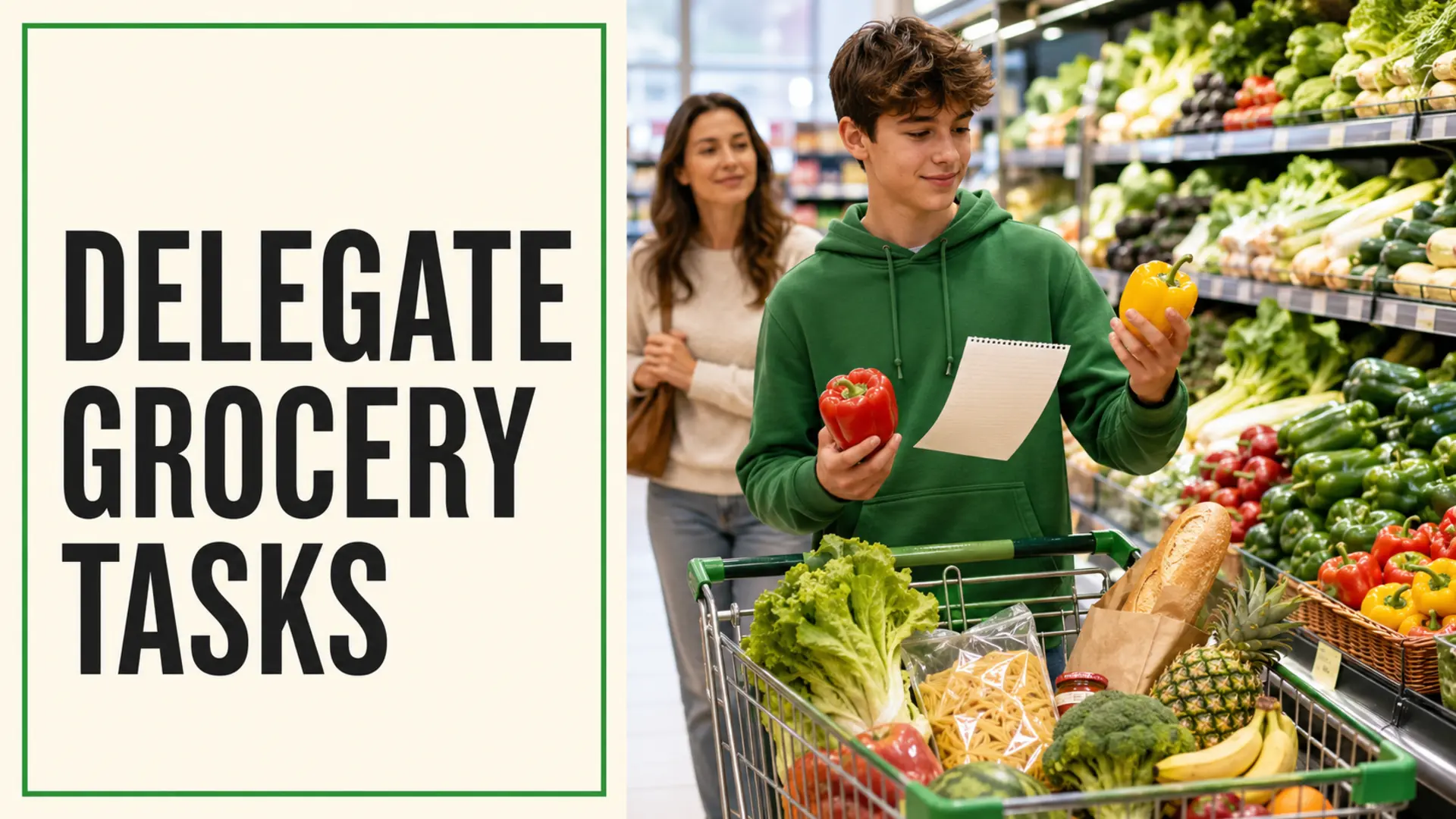 Delegate grocery shopping tasks to teenagers using a clear list in the produce aisle