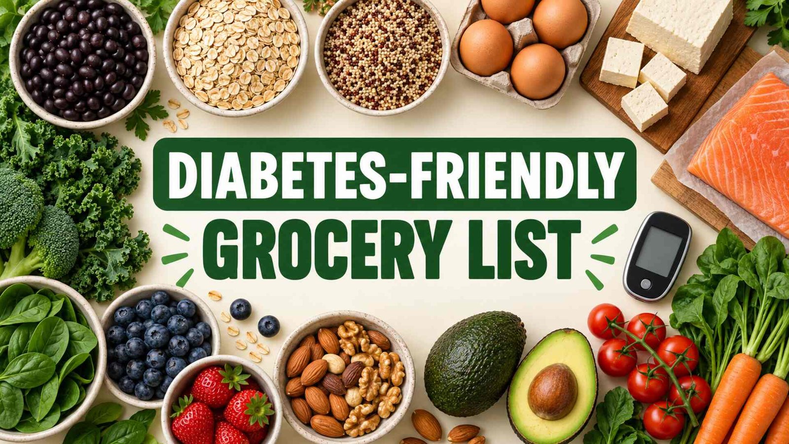 Diabetes-friendly grocery list with beans, oats, eggs, tofu, salmon, leafy vegetables, berries and nuts