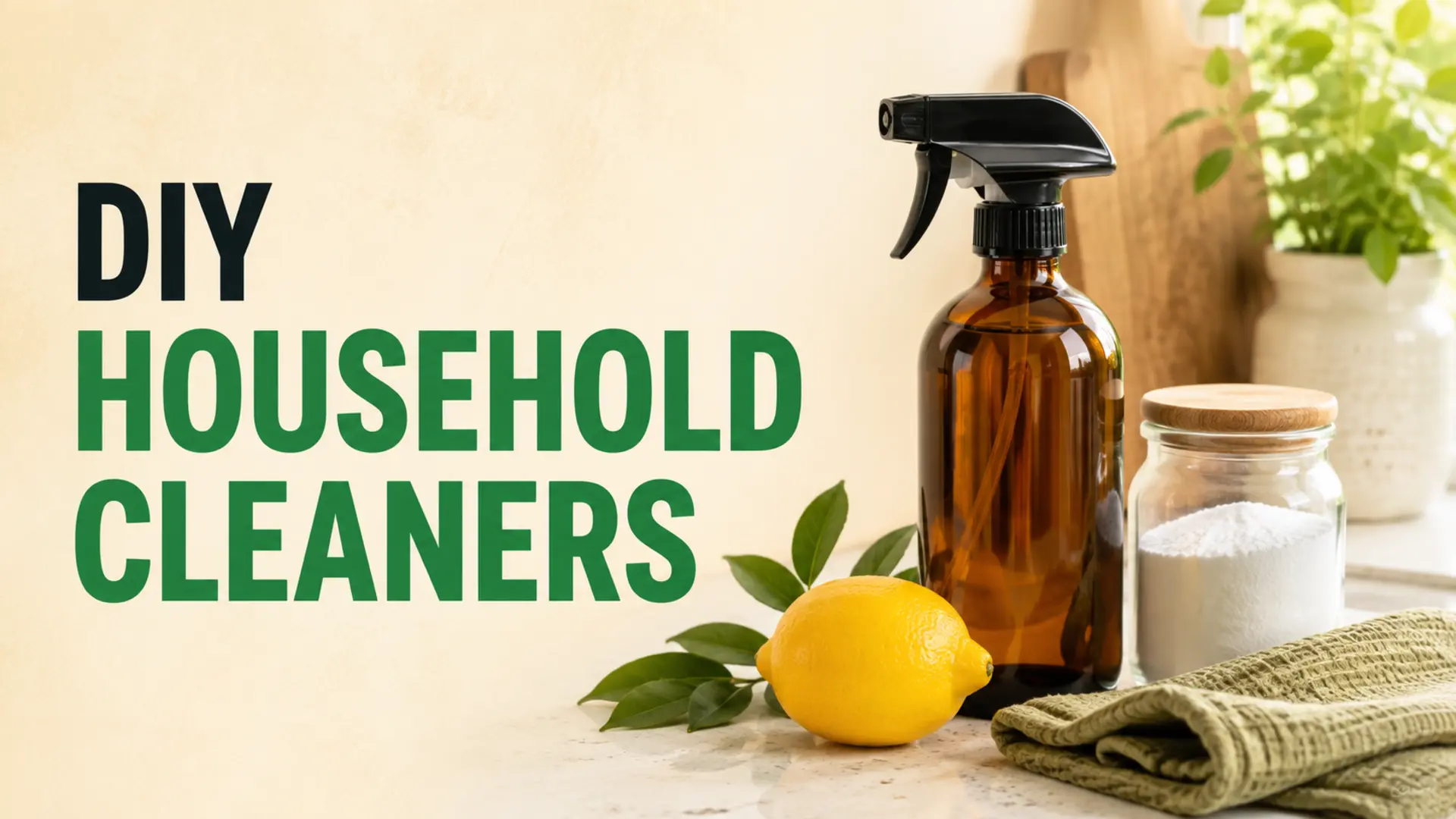 DIY household cleaners made with simple ingredients on a kitchen counter