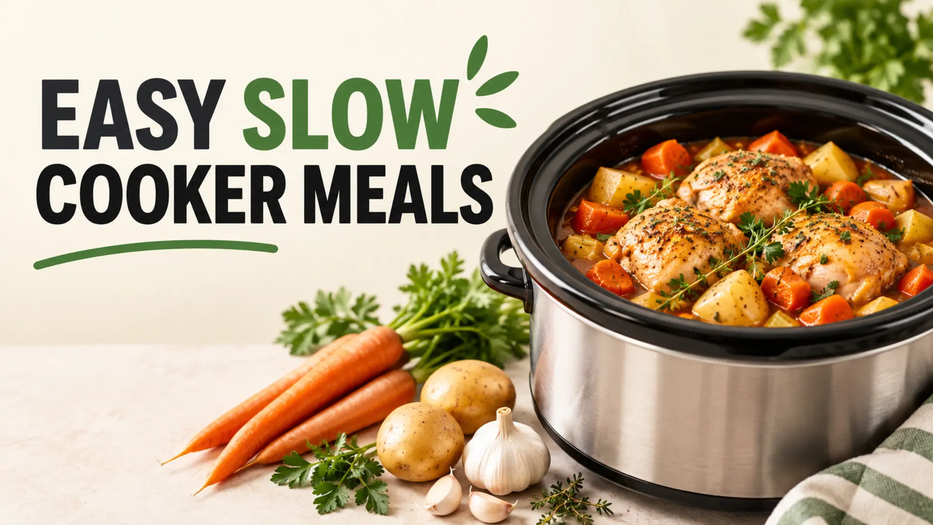 Easy slow cooker meals with chicken, potatoes, carrots and herbs