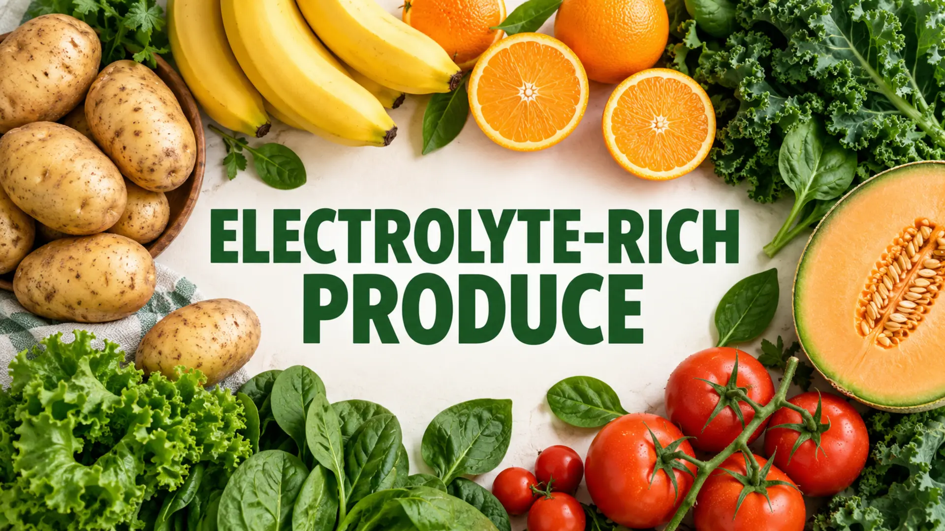 Electrolyte-rich produce with potatoes, bananas, citrus, leafy greens, melon and tomatoes