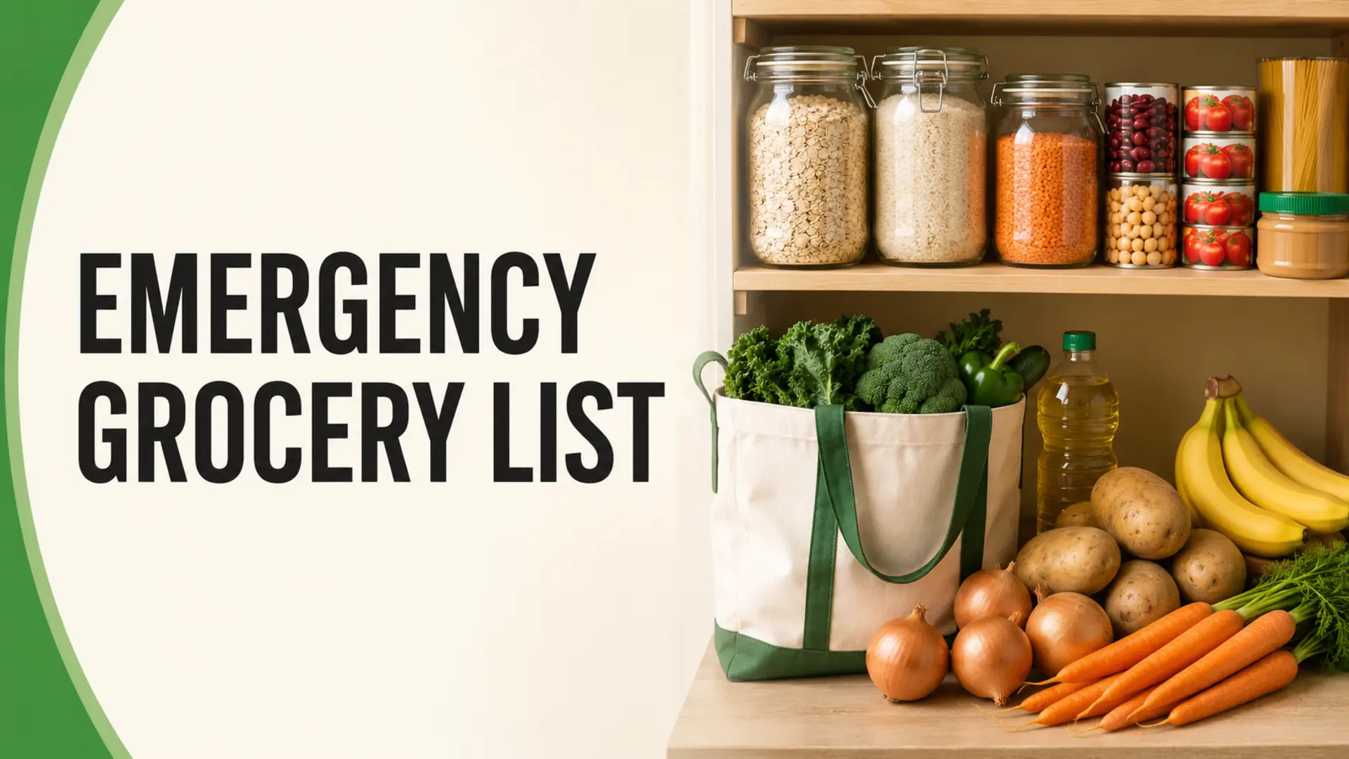 Emergency grocery list with rice, oats, lentils, beans, pasta, peanut butter, vegetables and fruit