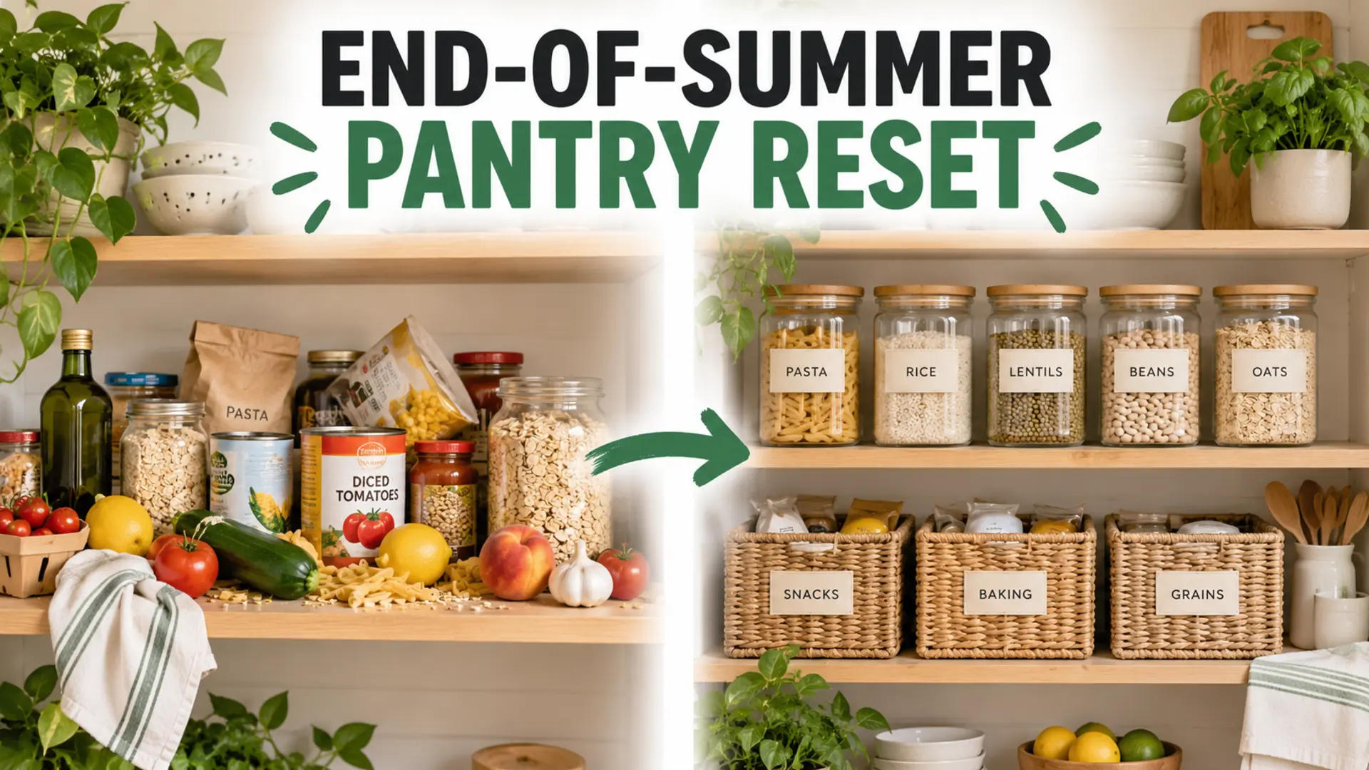 End-of-summer pantry reset showing cluttered and neatly organized food shelves