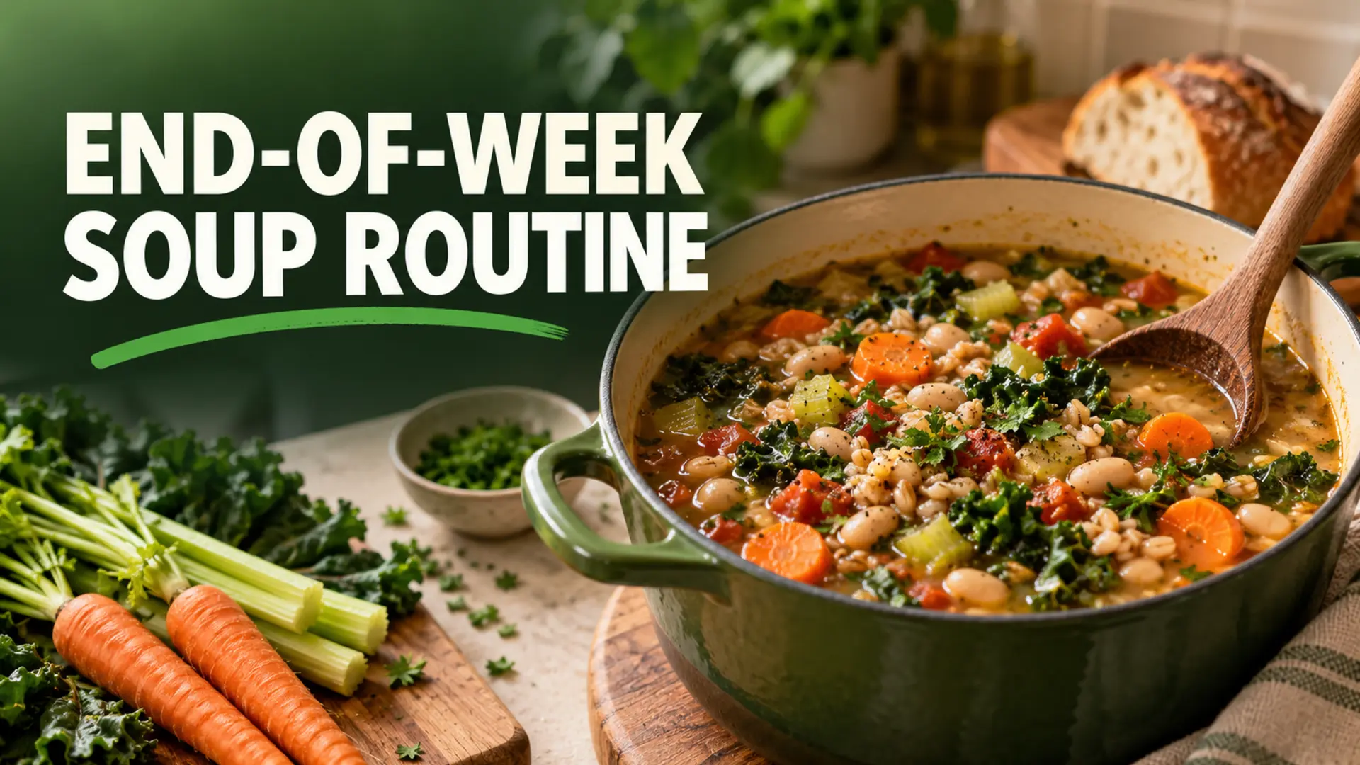 End-of-week soup routine using suitable vegetables, beans and grains