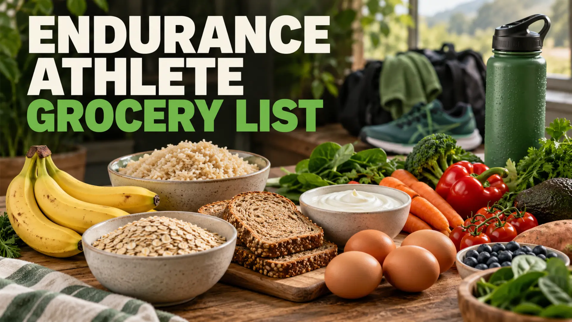 Endurance athlete grocery list with rice, oats, bananas, bread, yogurt, eggs and vegetables
