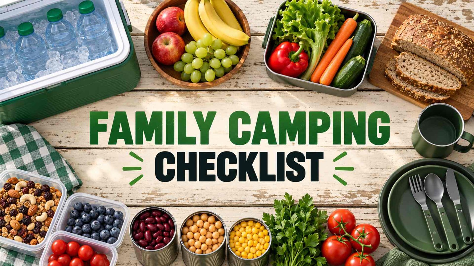 Family camping grocery checklist with cooler, water, produce, bread and pantry staples