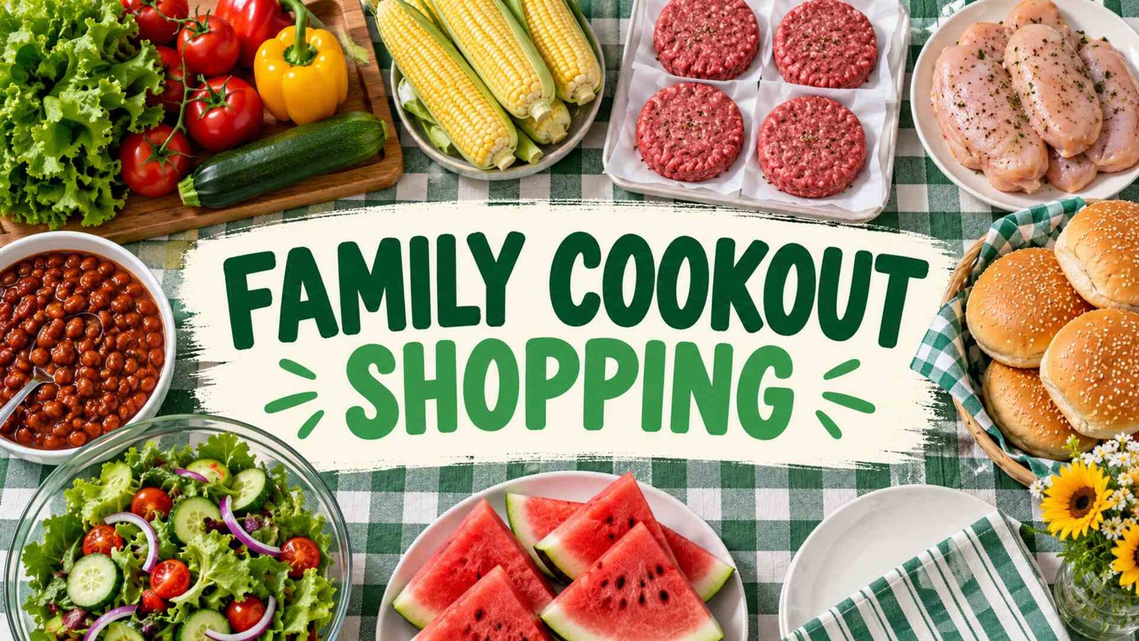 Family cookout shopping with vegetables, corn, chicken, burgers, buns, beans and watermelon