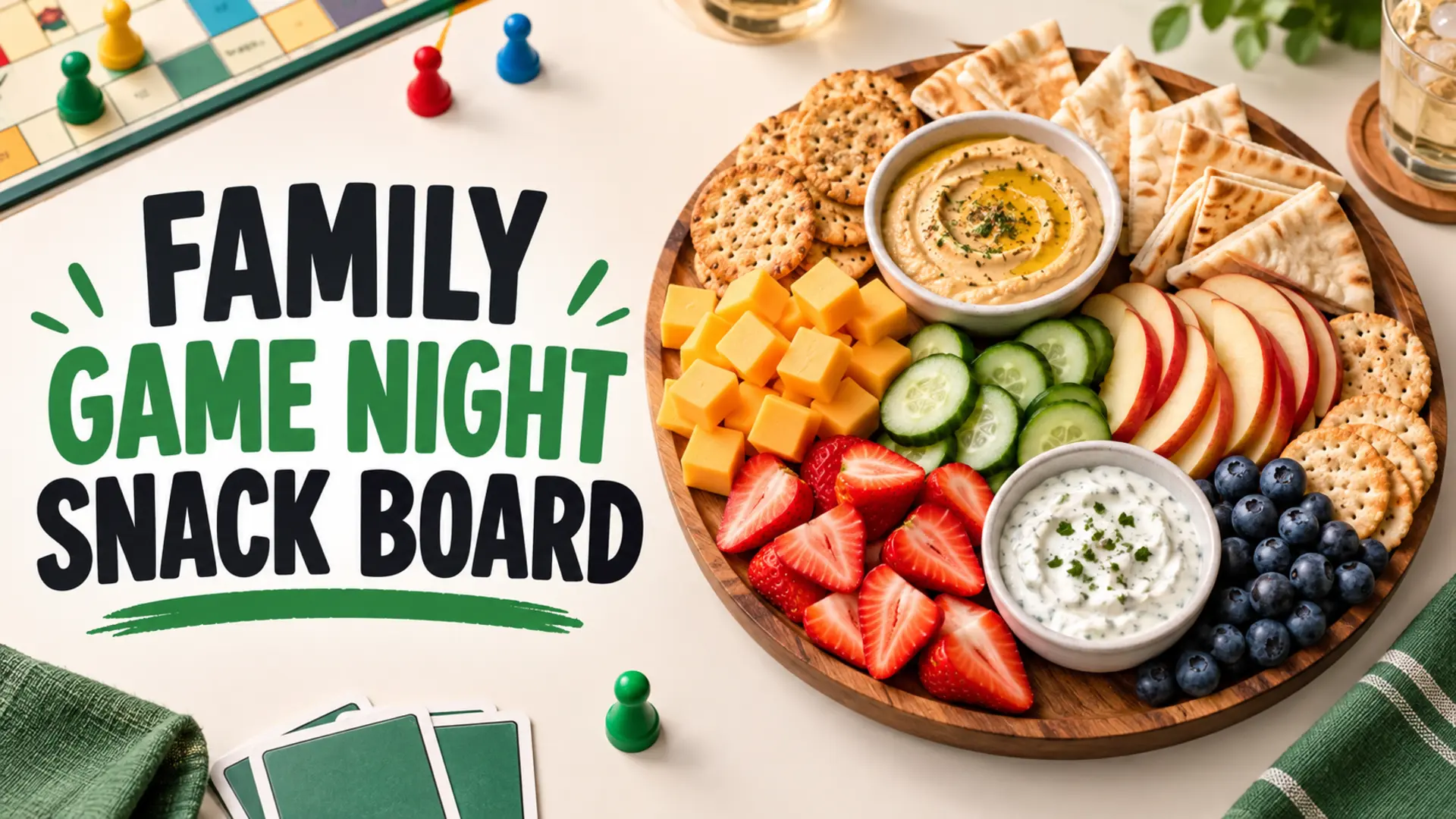 Family game night snack board with fruit, vegetables, cheese, crackers and dips