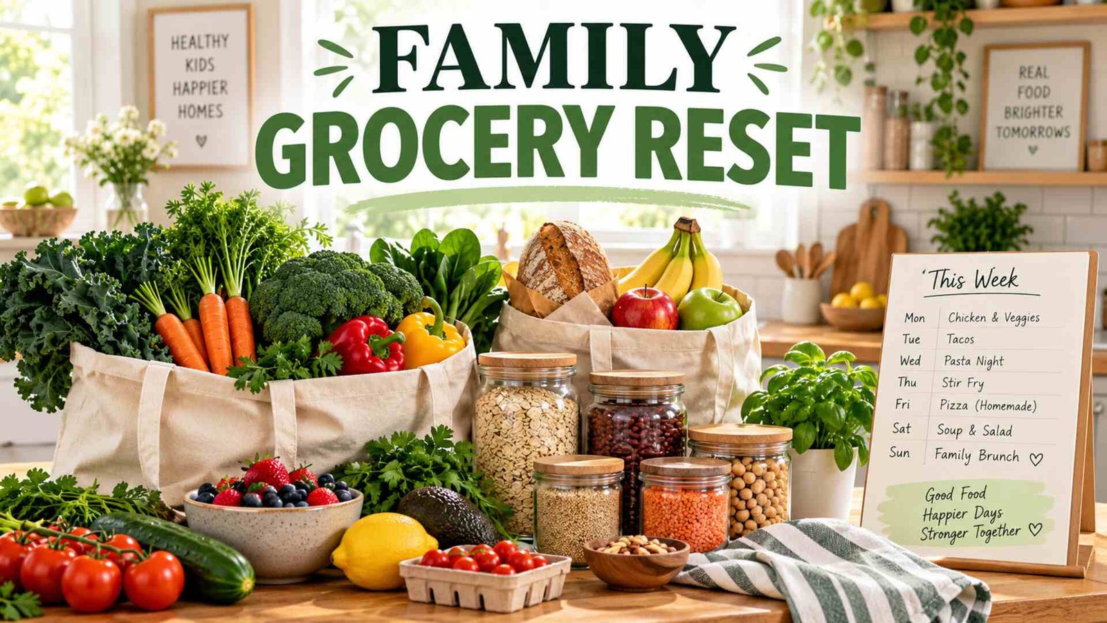 Family grocery reset with vegetables, fruit, grains, beans and a weekly meal planner