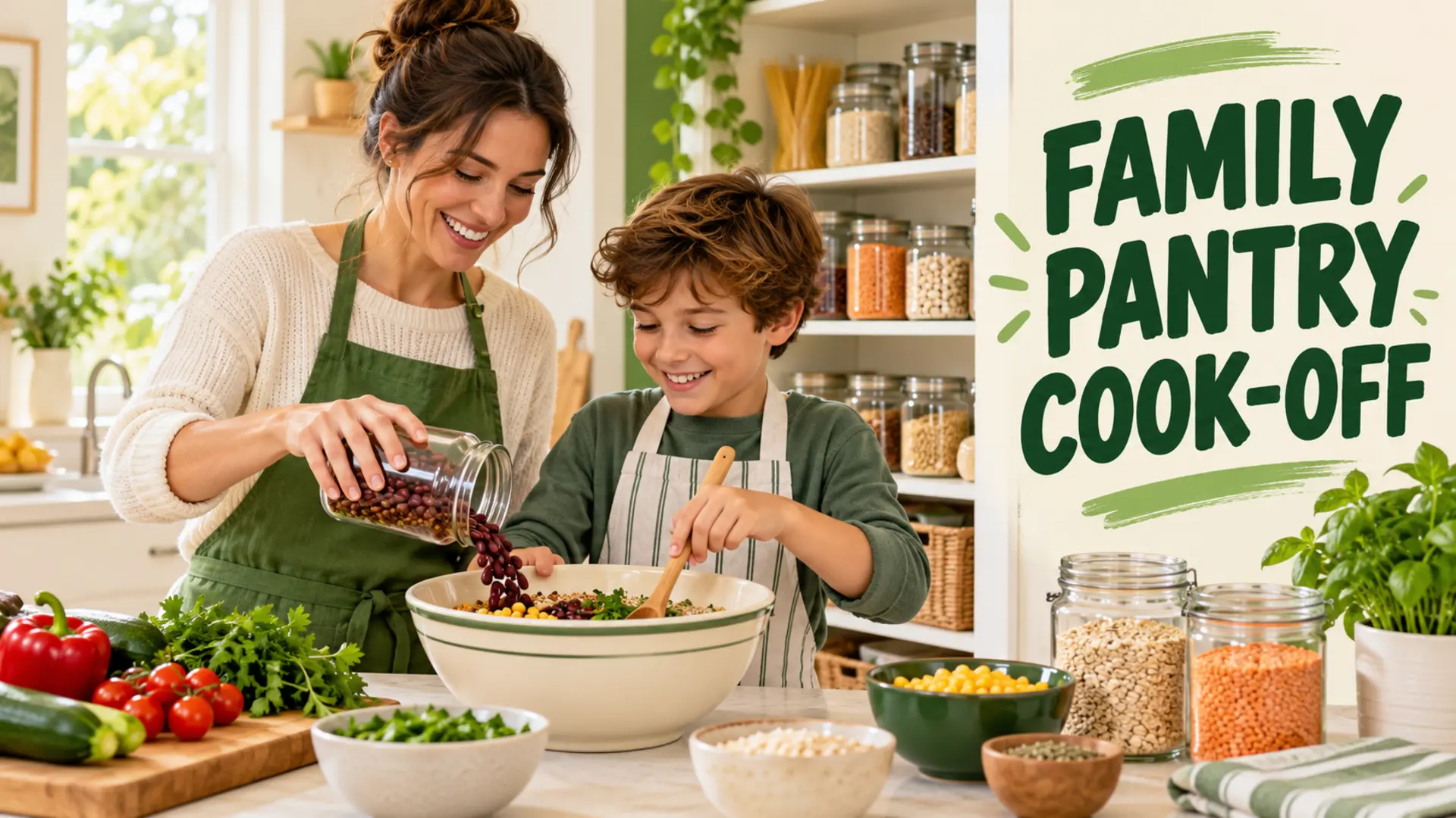 Parent and child preparing a family pantry cook-off meal together