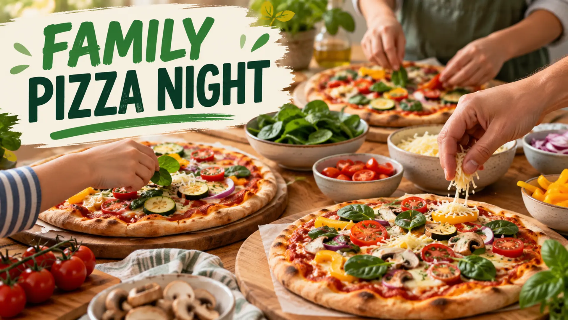 Family pizza night with homemade vegetable pizzas and a toppings table