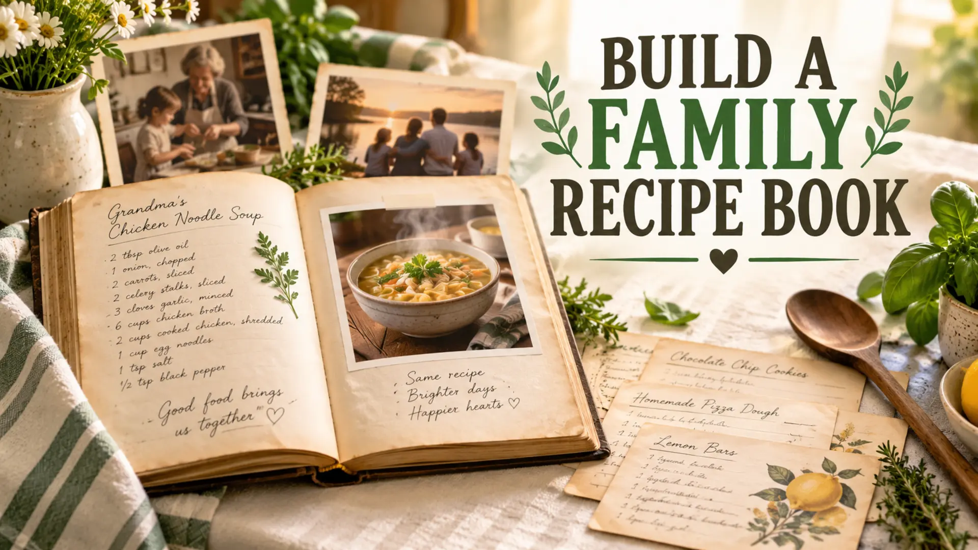 Family recipe book with handwritten cards, photographs, herbs and a wooden spoon