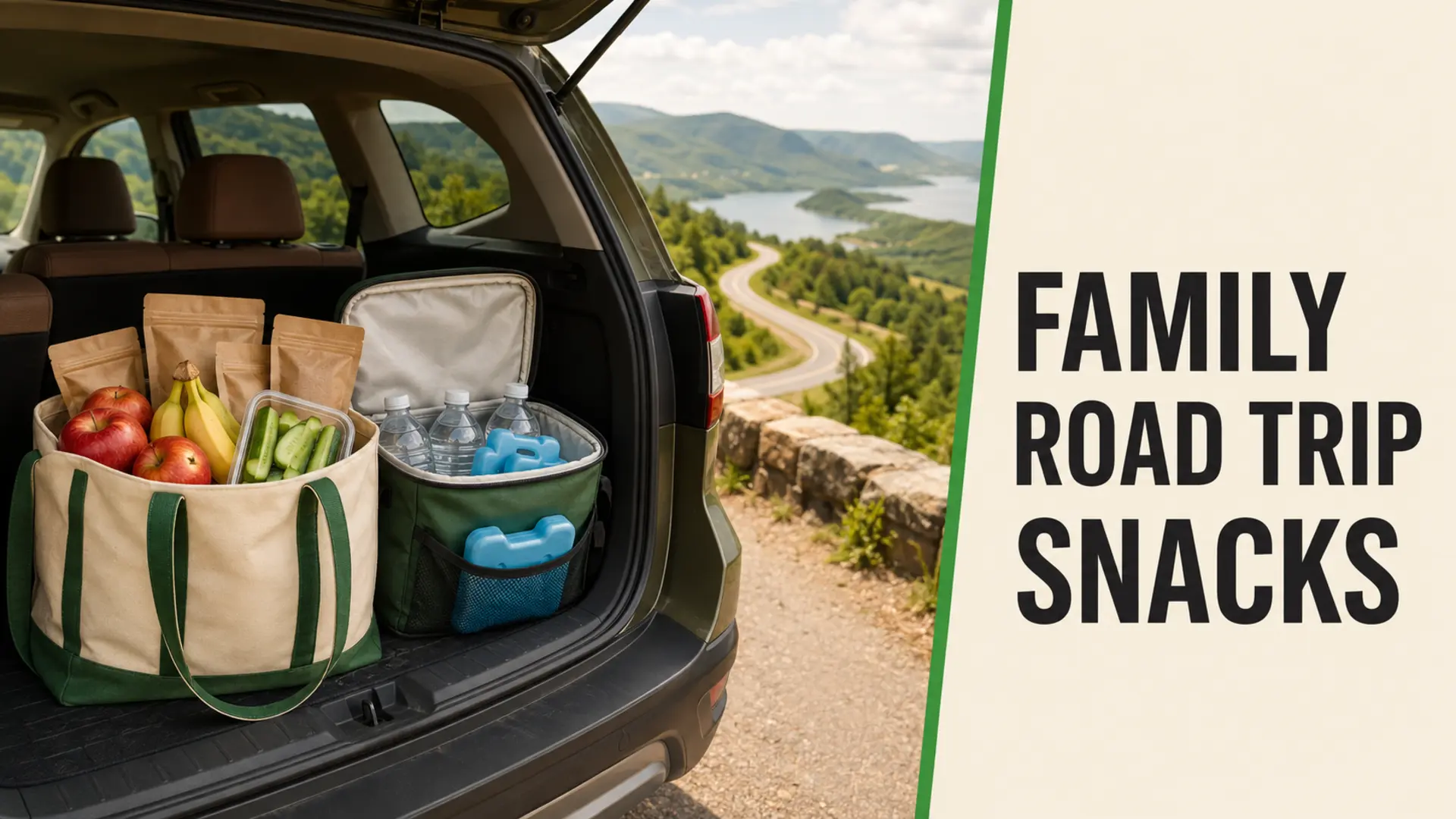 Family road trip snack grocery list with fruit, water, packed snacks, and an insulated cooler