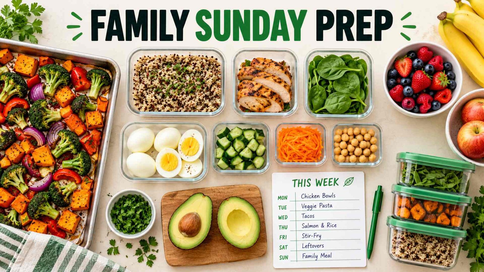 Family Sunday prep with vegetables, grains, eggs, fruit and labeled meal containers
